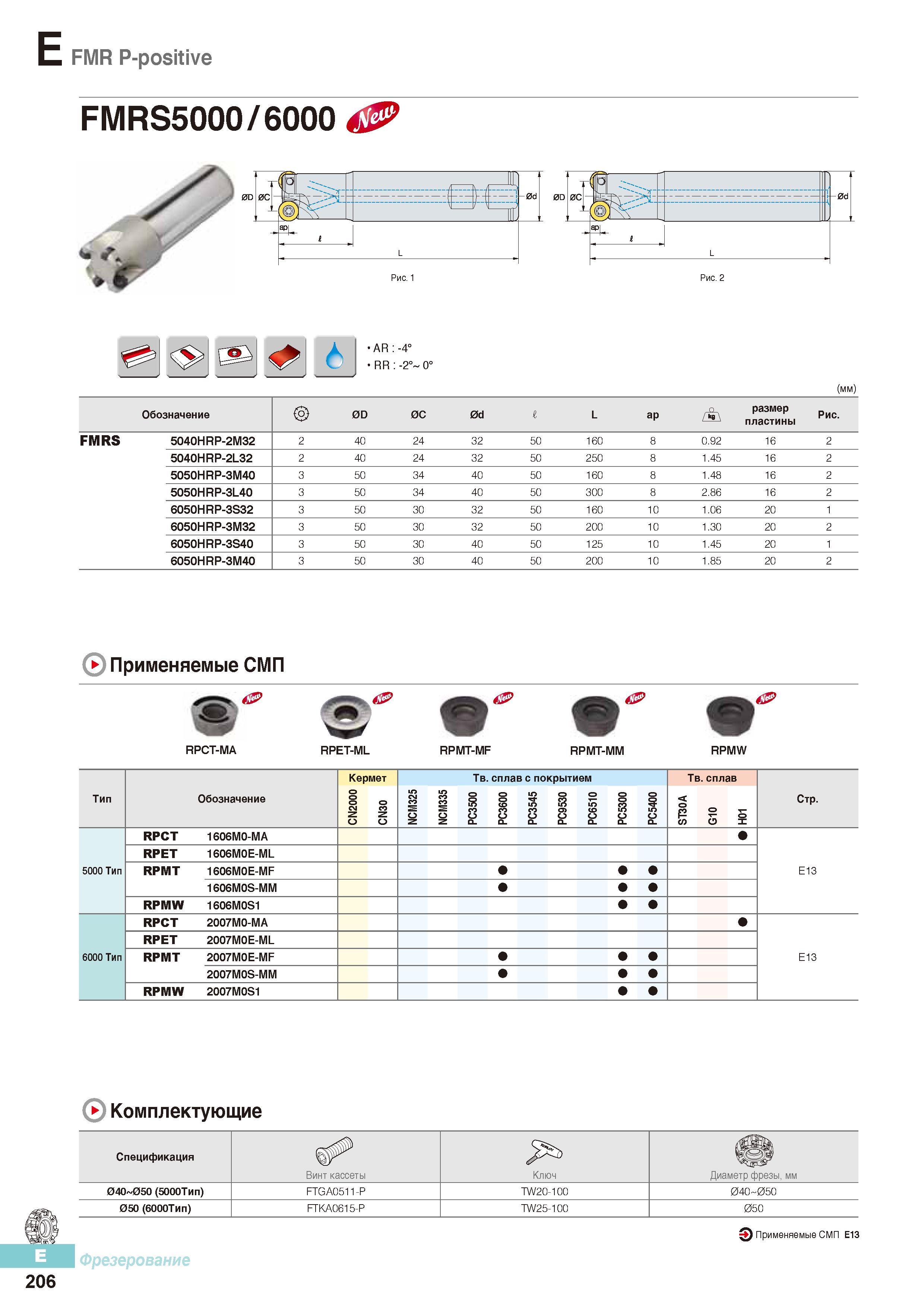 593 Фрезы Korloy со сменными режущими пластинами FMR P-positive FMRS5000/6000 Каталог KORLOY 2016 Металлорежущий инструмент и инструментальная оснастка для токарных фрезерных резьбонарезных сверлильных расточных технологических операций на станках Стр. E206