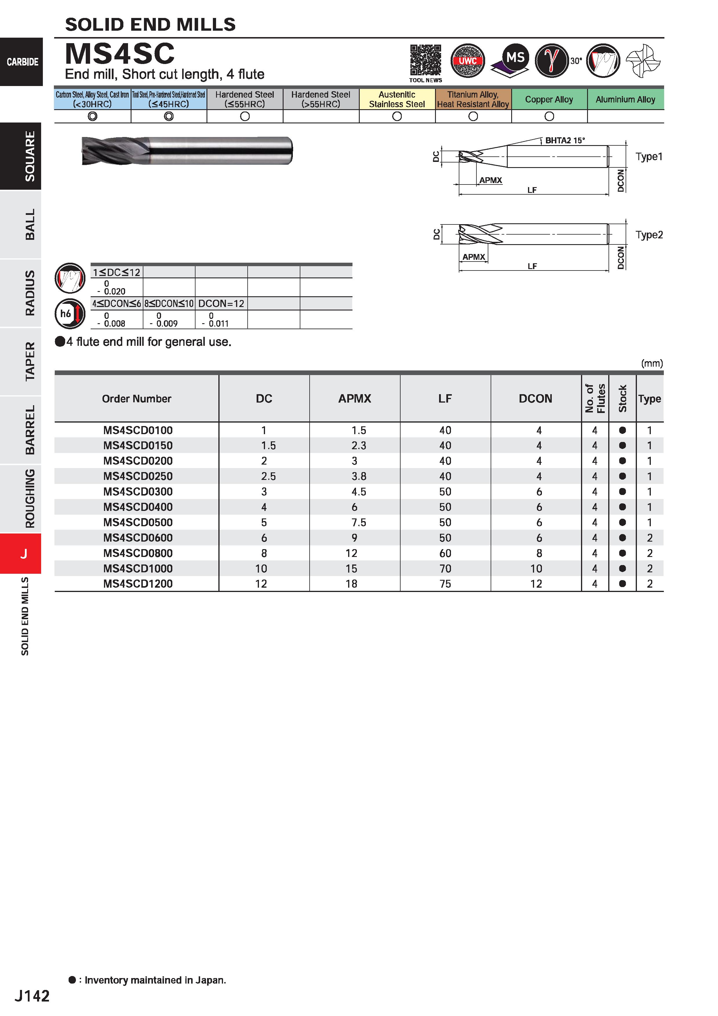 764 SOLID END MILLS MS4SC End mill, Short cut length, 4 flute Carton Steel, Alloy Steel, Cast Iren (<30HRC) Tod Steel, Prt-Hinlra Sled Hardened Slid Каталог MITSUBISHI 2020 Режущий инструмент для станков по металлу Фрезы концевые монолитные из твердого сплава и сборные со сменными режущими пластинами Резцы Сверла Стр. J142