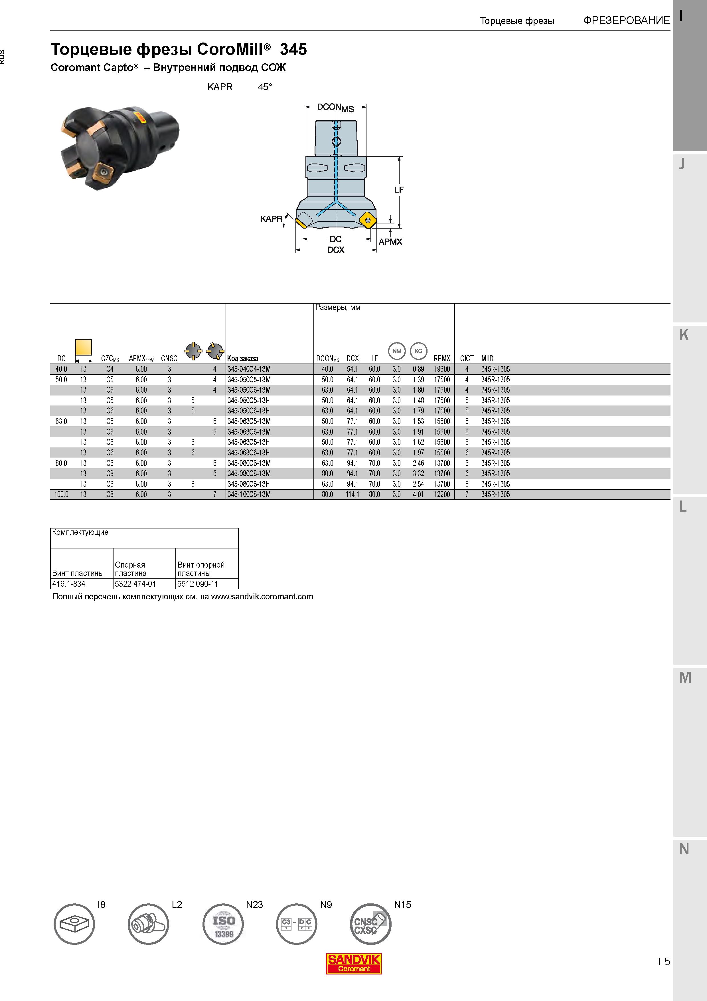 9 Торцевые фрезы CoroMill 345 Coromant Capto Внутренний подвод СОЖ Каталог SANDVIK COROMANT 2020 Фрезы и сверла с СМП Расточной инструмент Принадлежности и оснастка для станков Стр. I5