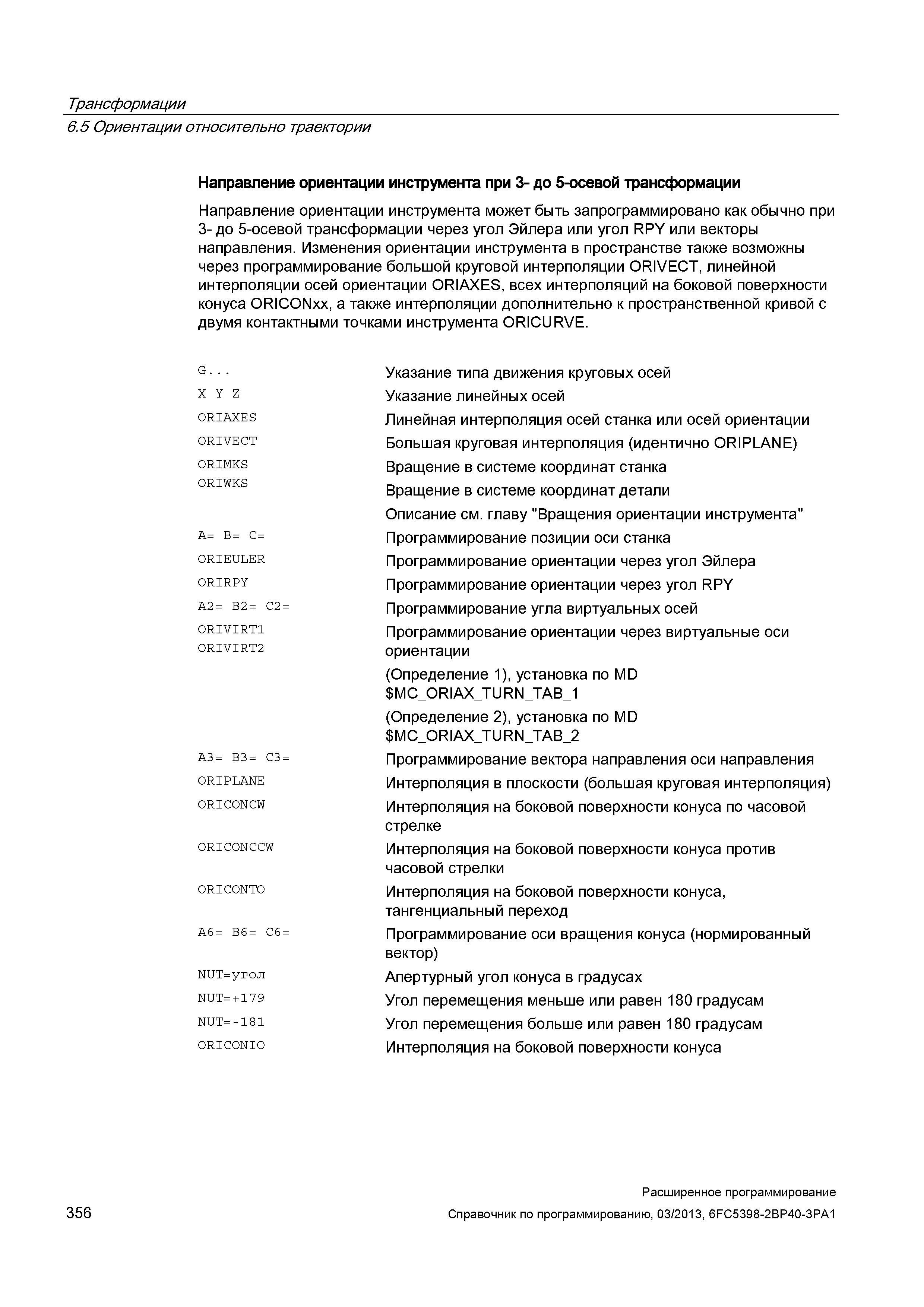 356 Трансформации 6 5 Ориентации относительно траектории Направление ориентации инструмента при 3- до 5-осевой трансформации Направление ориентации инструмента может быть запрограммировано как обычно при 3- до 5-осевой трансформации через угол Эйлера или угол RPY или векторы направления Изменения ориентации инструмента в пространстве также возможны через программирование большой круговой интерполяции ORIVECT, линейной интерполяции осей ориентации ORIAXES, всех интерполяций на боковой поверхности конуса ORICONxx, а также интерполяции дополнительно к пространственной кривой с двумя контактными точками инструмента ORICURVE G X Y Z ORIAXES ORIVECT ORIMKS ORIWKS A= B= C= ORIEULER ORIRPY A2= B2= C2= 0RIVIRT1 0RIVIRT2 A3= B3= C3= ORIPLANE ORICONCW ORICONCCW ORICONTO A6= B6= C6= NUT=угол NUT=+179 NUT=-181 ORICONIO Указание типа движения круговых осей Указание линейных осей Линейная интерполяция осей станка или осей ориентации Большая круговая интерполяция (идентично ORIPLANE) Вращение в системе координат станка Вращение в системе координат детали Описание см главу Вращения ориентации инструмента Программирование позиции оси станка Программирование ориентации через угол Эйлера Программирование ориентации через угол RPY Программирование угла виртуальных осей Программирование ориентации через виртуальные оси ориентации (Определение 1), установка по MD MC_ORIAX_ Руководство SIEMENS SINUMERIK 840D sl / 828D Расширенное программирование стоек числового программного управления (ЧПУ) металлорежущих станков вер. 2013 Стр. 356