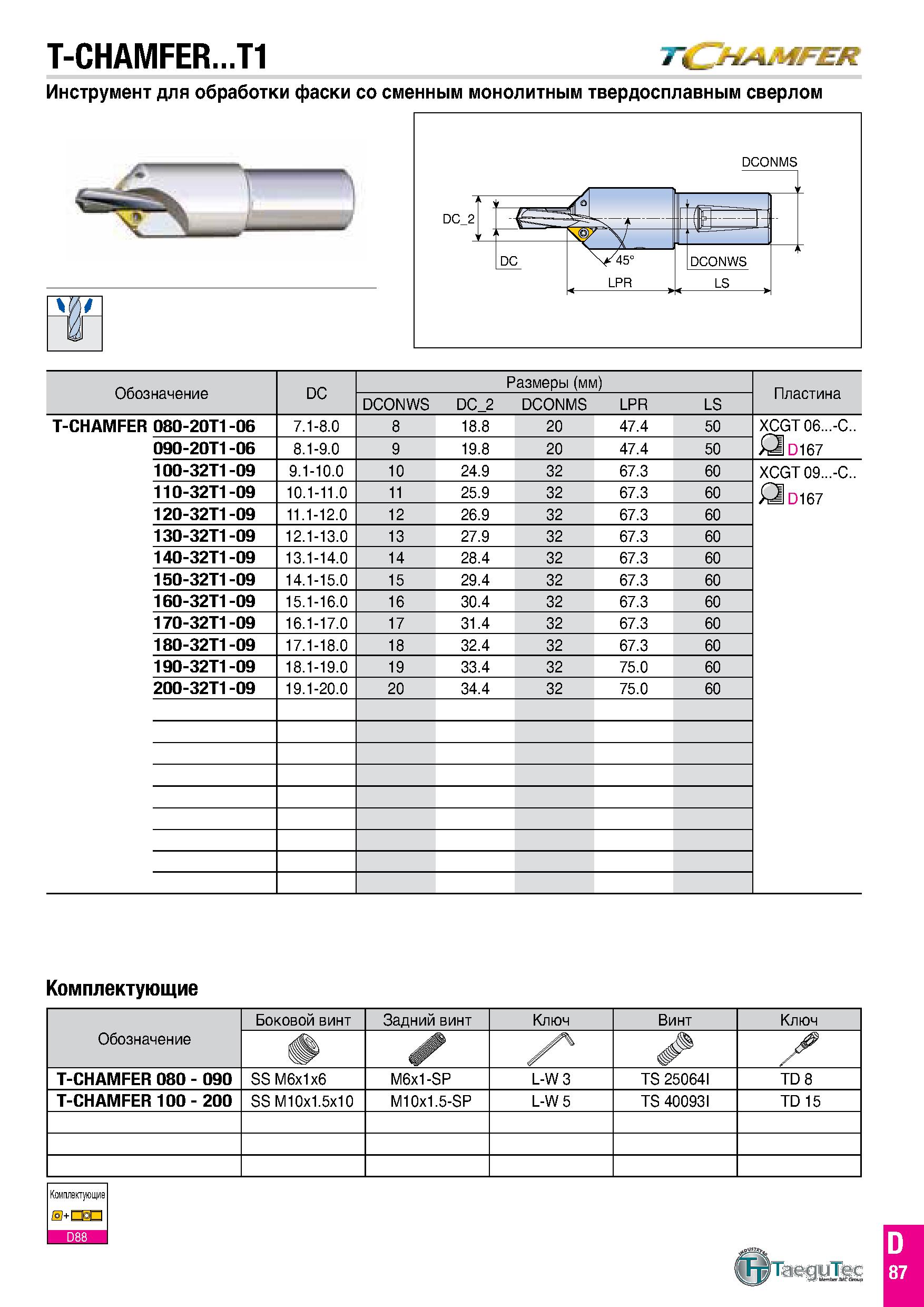 154 T-CHAMFER T1 Инструмент для обработки фаски со сменным монолитным твердосплавным сверлом Обозначение DC Размеры (мм) Пластина DCONWS DC 2 DCONMS Каталог TAEGUTEC 2020 Вращающийся режущий и вспомогательный инструмент по металлу Твердосплавные пластины Сборные фрезы с СМП Монолитные фрезы и сверла Инструментальные патроны Стр. D87