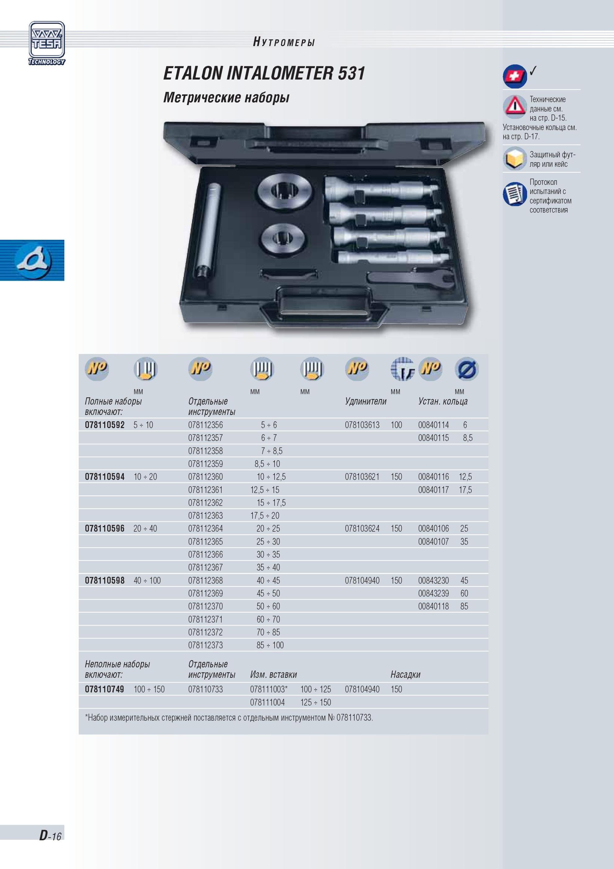 105 Нутромеры Tesa ETALON INTALOMETER 531 Метрические наборы Технические данные см на стр D-15 Установочные кольца см на стр D-17 Защитный футляр или Каталог TESA 2010 Контрольно-измерительный инструмент для линейно-угловых измерений Стр. D-16