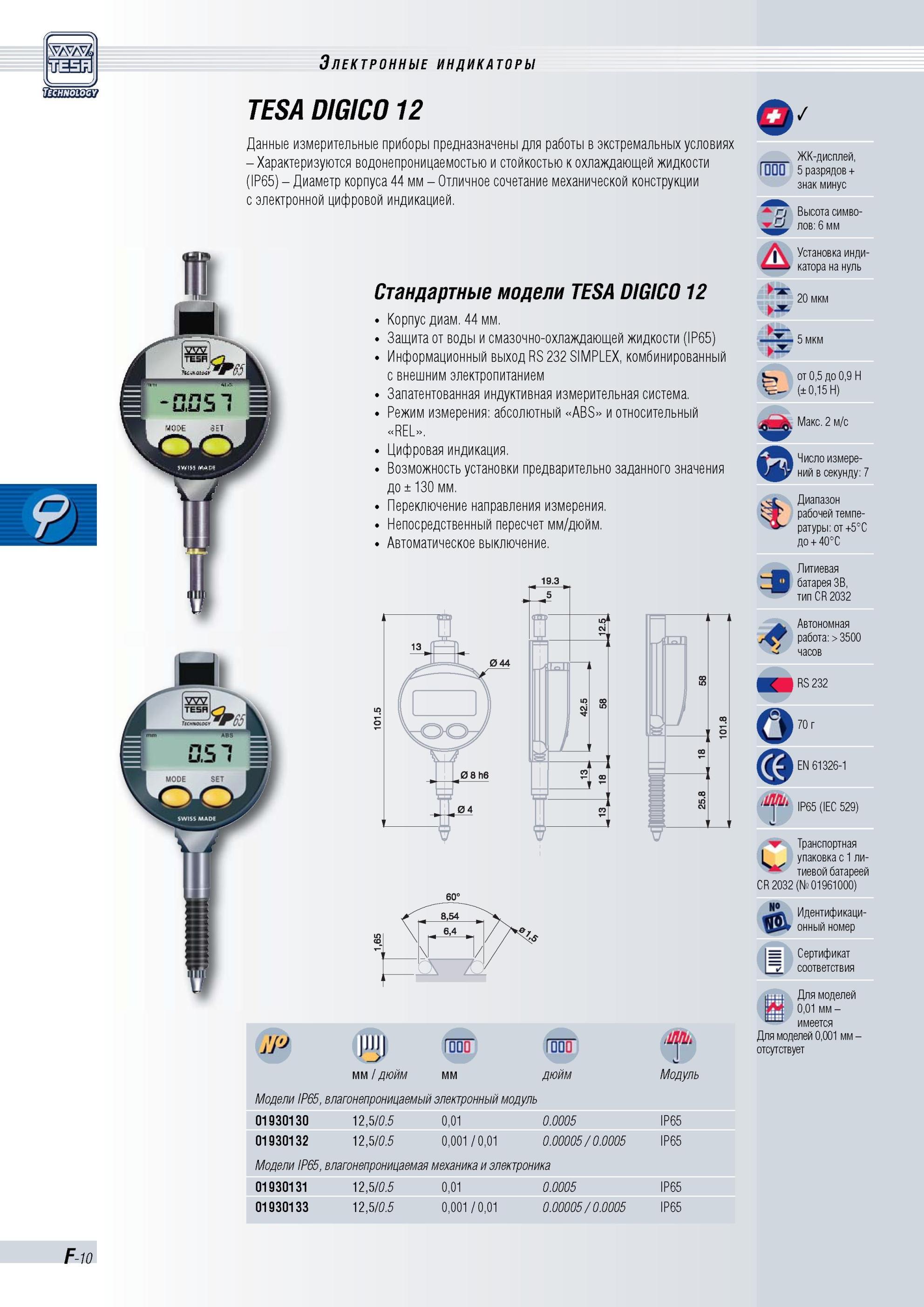 125 Электронные индикаторы TESA DIGICO 12 Данные измерительные приборы предназначены для работы в экстремальных условиях Характеризуются водонепрониц Каталог TESA 2010 Контрольно-измерительный инструмент для линейно-угловых измерений Стр. F-10