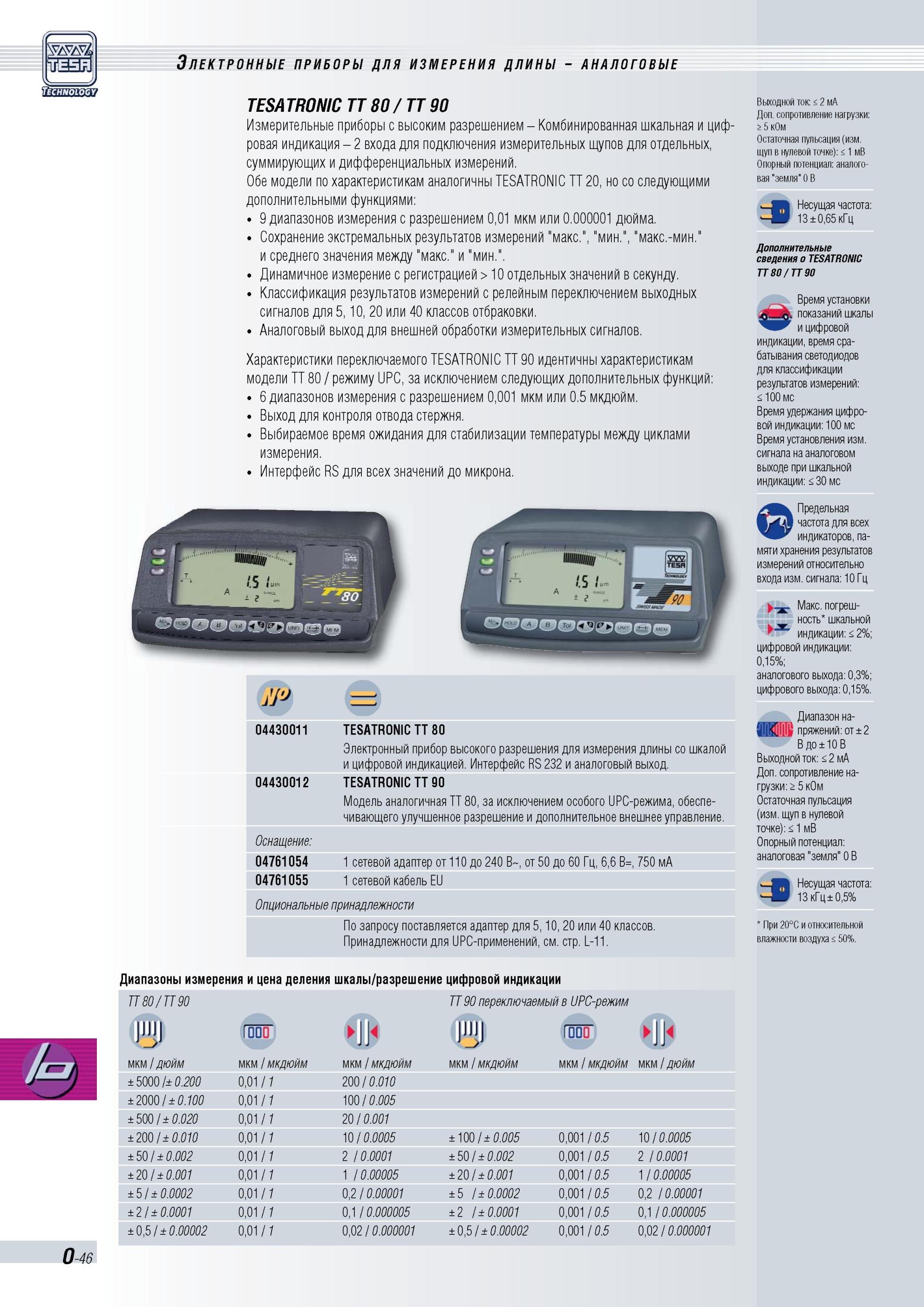 373 TESATRONIC TT80/ TT90 Измерительные приборы Tesa с высоким разрешением Комбинированная шкальная и цифровая индикация 2 входа для подключения изме Каталог TESA 2010 Контрольно-измерительный инструмент для линейно-угловых измерений Стр. O-46