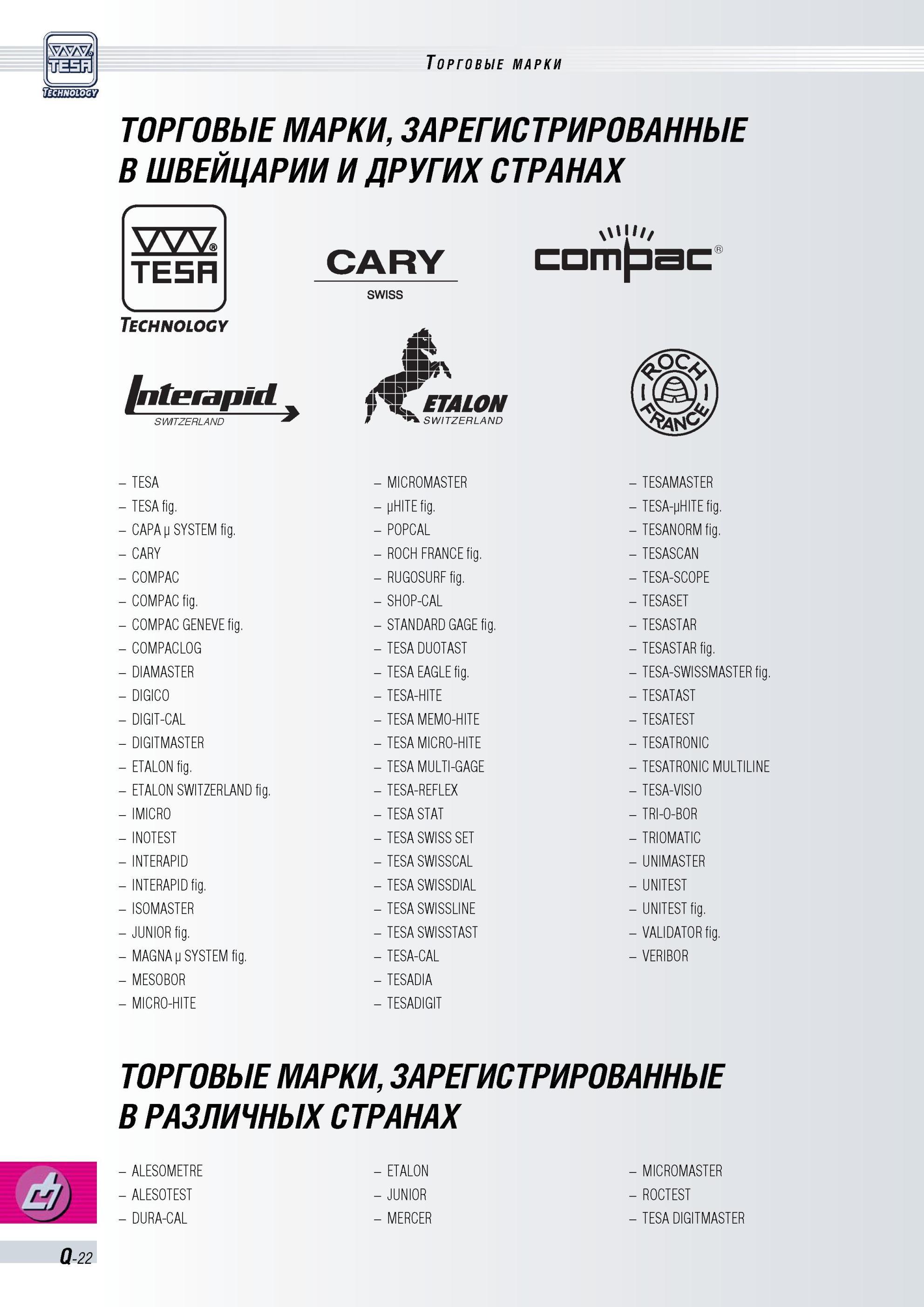 439 Зарегистрированные торговые марки фирмы Tesa Швейцария INTERAPID MICROMASTER IMICRO DIGITMASTER ETALON ALESOMETRE VALIDATOR Торговые марки торгов Каталог TESA 2010 Контрольно-измерительный инструмент для линейно-угловых измерений Стр. Q-22