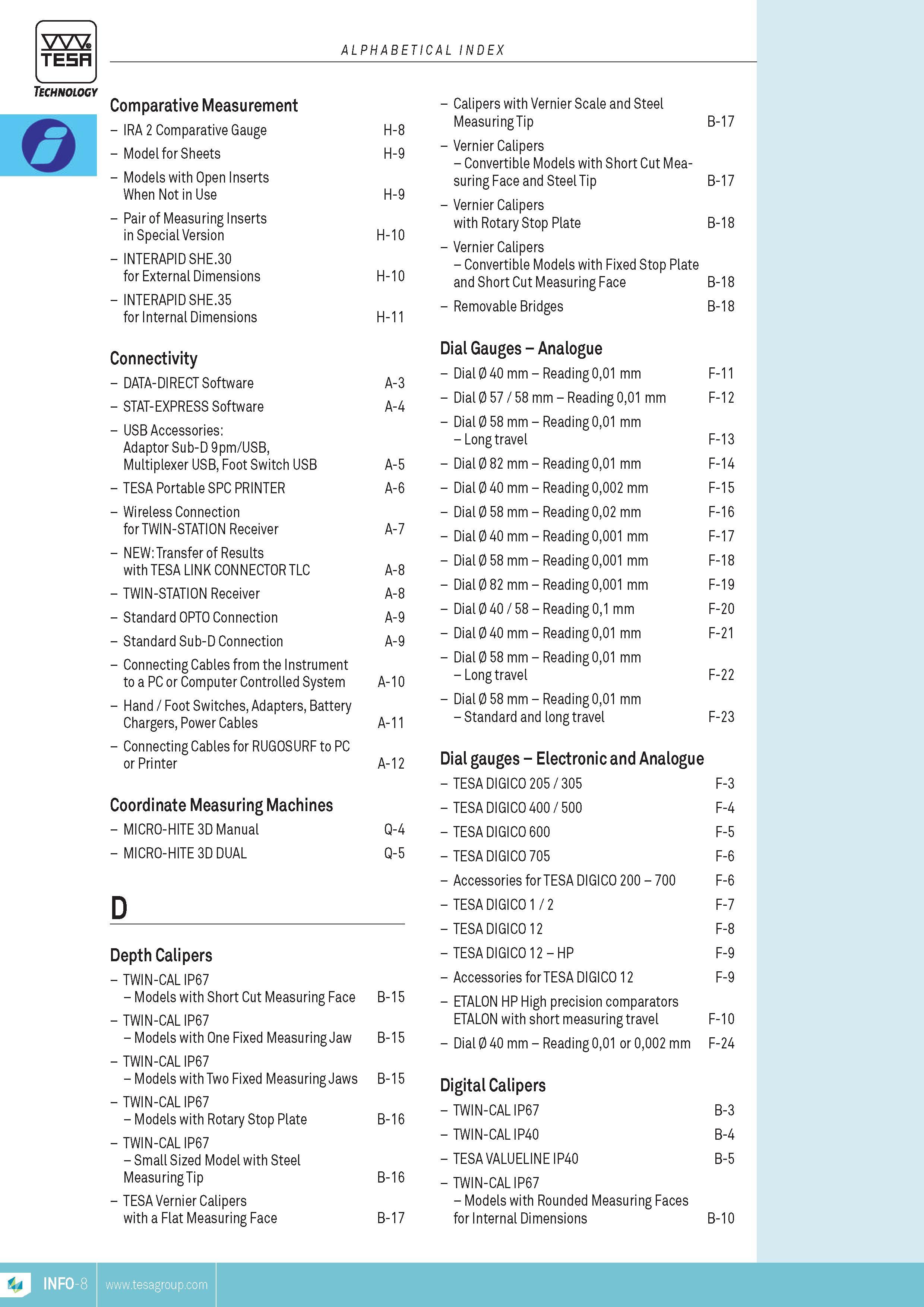 9 TESA alphabetical index Technology Comparative MEASUREMENT IRA 2 Comparative Gauge Model for Sheets Models with 0pen Inserts When Not in Use Pair of M Каталог TESA 2014 Контрольно-измерительный инструмент и оборудование Стр. INFO-8 ENG