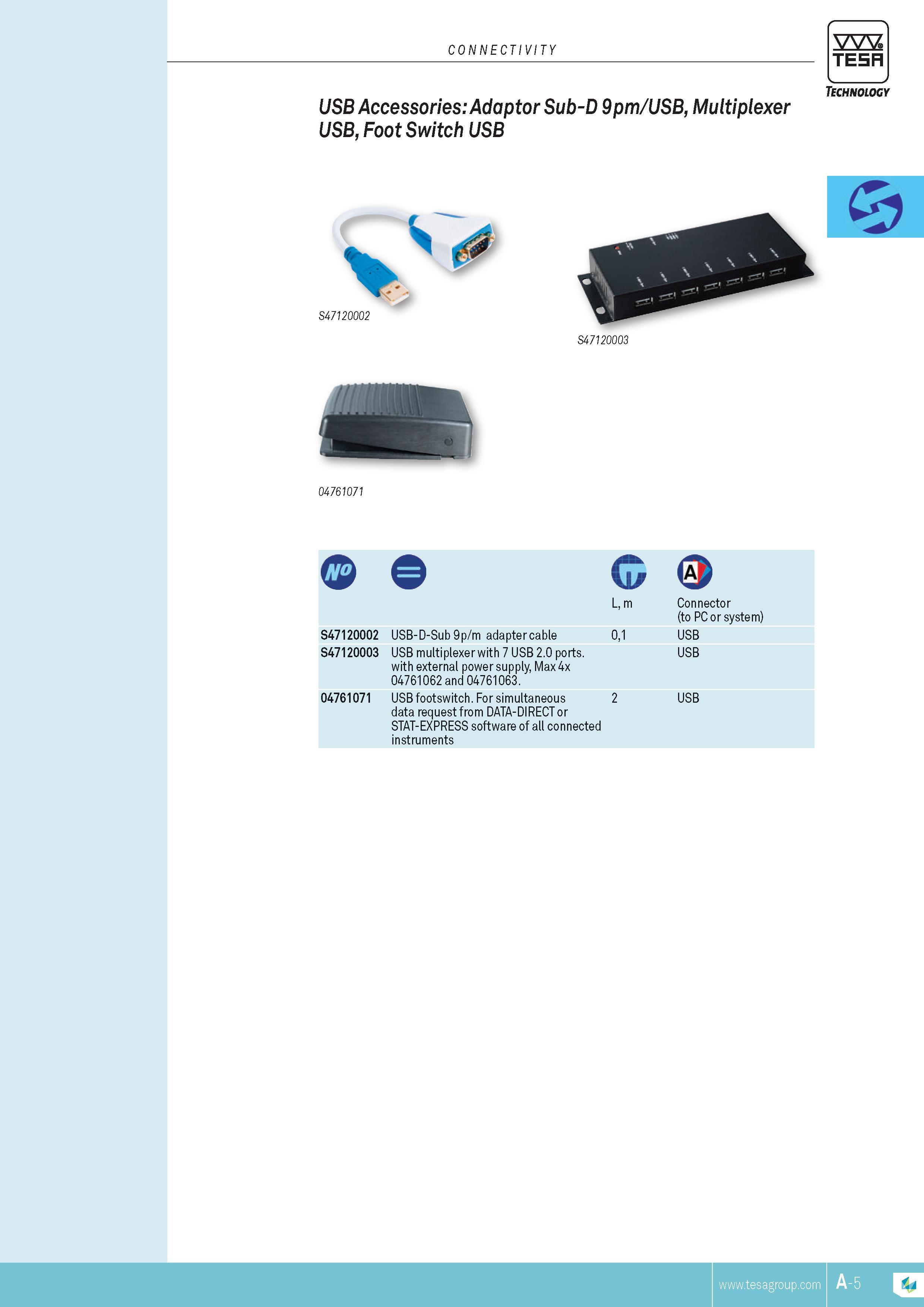 26 connectivity TESA uSB Accessories Adaptor Sub-d 9pm USb multiplexer uSB foot Switch uSB Technology S47120002 S47120003 04761071 L m Connector (to PC o Каталог TESA 2014 Контрольно-измерительный инструмент и оборудование Стр. A-5 ENG