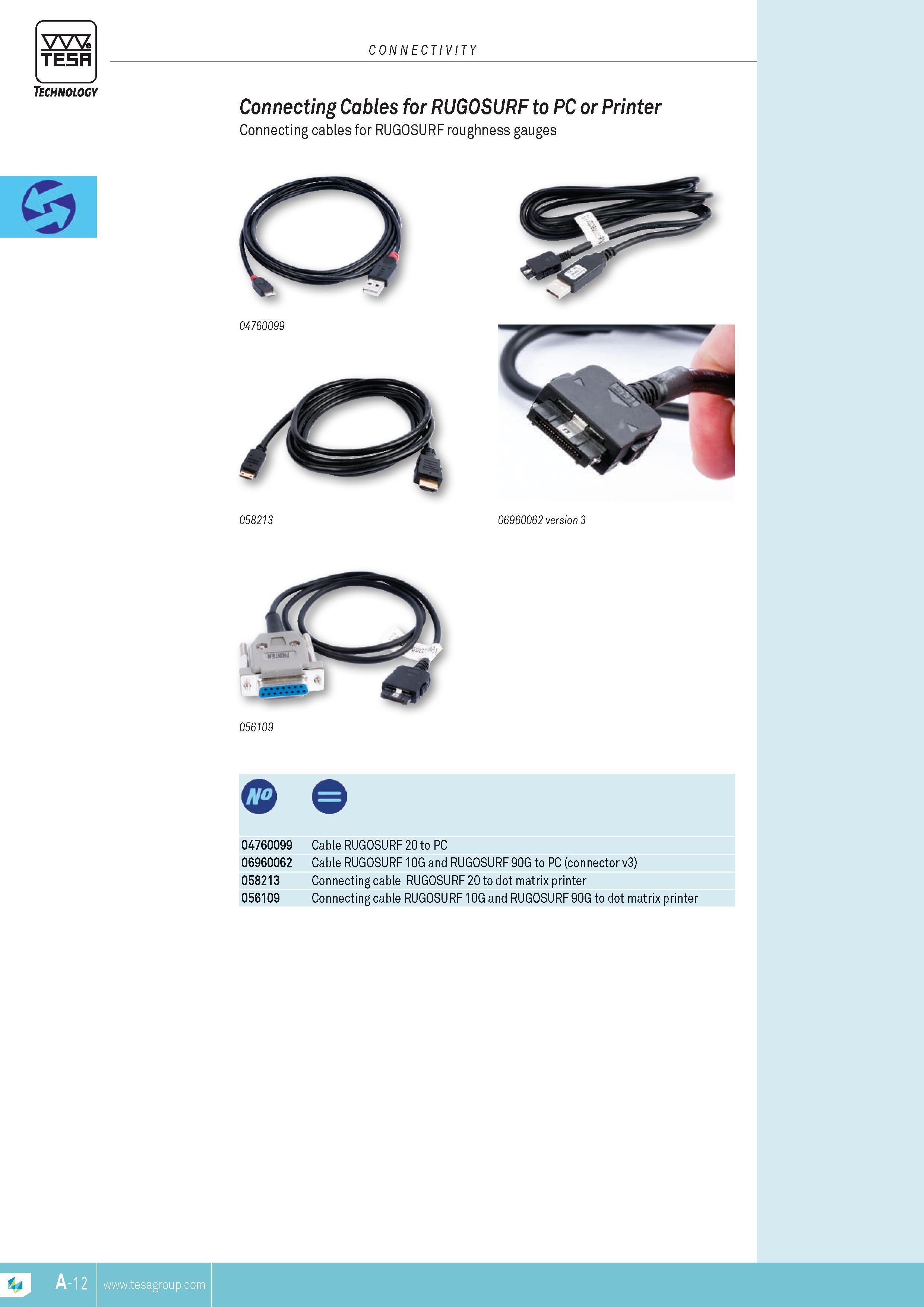 33 Connecting Cables for RUGOSURF to PC or Printer Connecting cables for RUGOSURF roughness gauges 04760099 058213 06960062 version 3 056109 O 04760099 C Каталог TESA 2014 Контрольно-измерительный инструмент и оборудование Стр. A-12 ENG