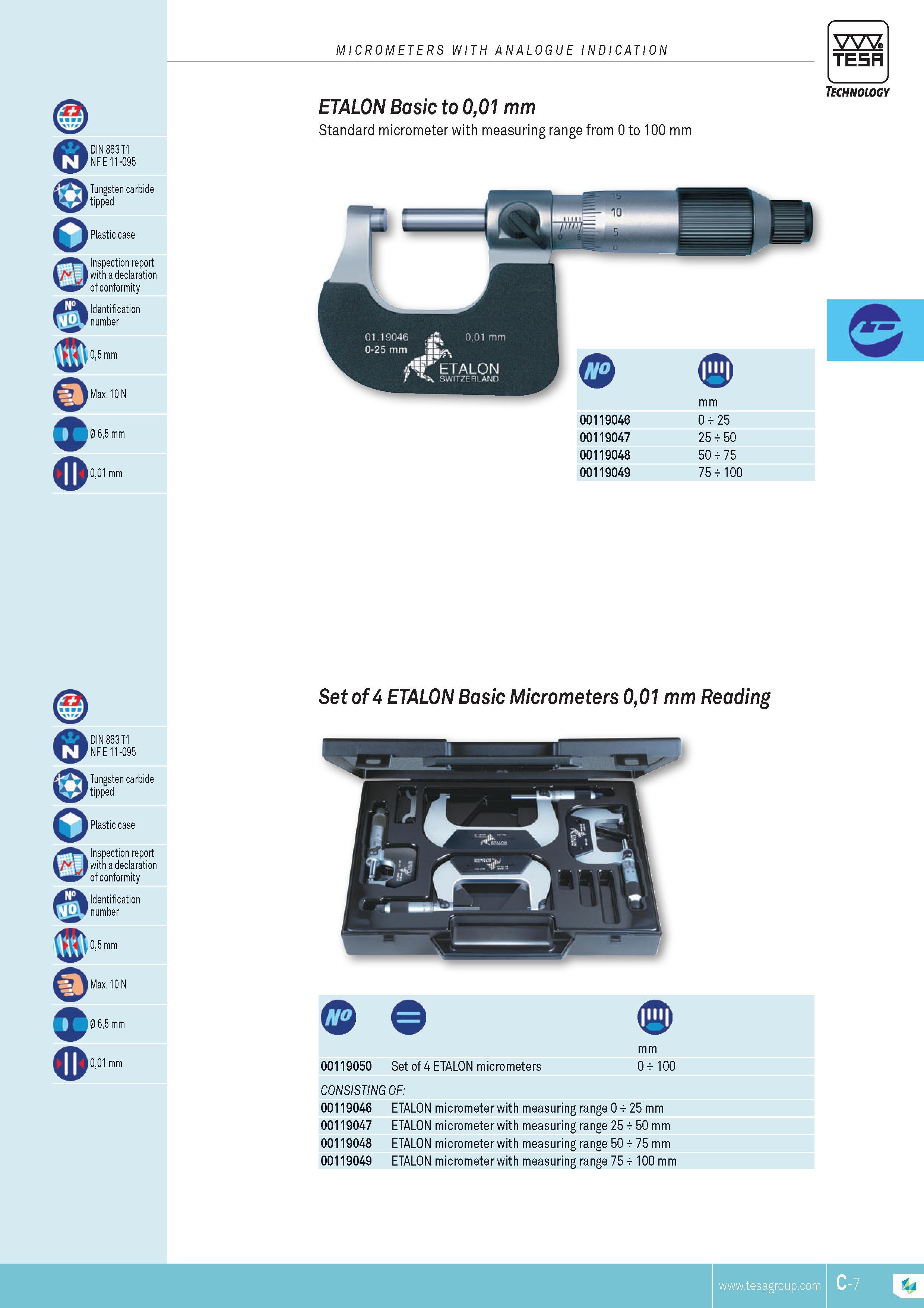 64 MICROMETERS WITH ANALOGUE INDICATION ETALon Basic to 001 mm Standard micrometer with measuring range from 0 to 100 mm P 01 19046 0-25 mm 0 01 mm if ET Каталог TESA 2014 Контрольно-измерительный инструмент и оборудование Стр. C-7 ENG