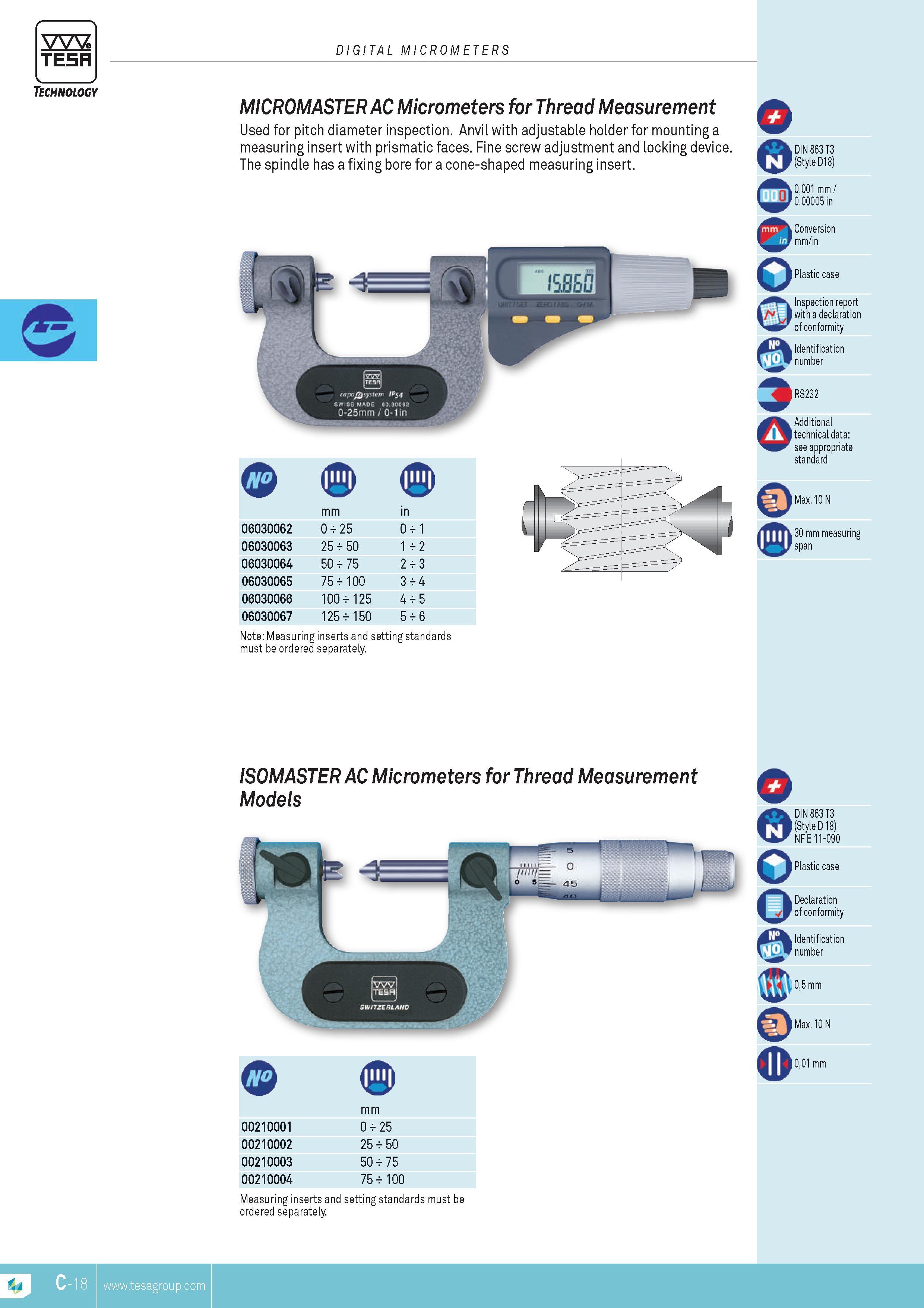 75 Micrometers TESA for Thread MEASUREMENT Used for pitch diameter inspection Anvil with adjustable holder for mounting a measuring insert with prismatic Каталог TESA 2014 Контрольно-измерительный инструмент и оборудование Стр. C-18 ENG