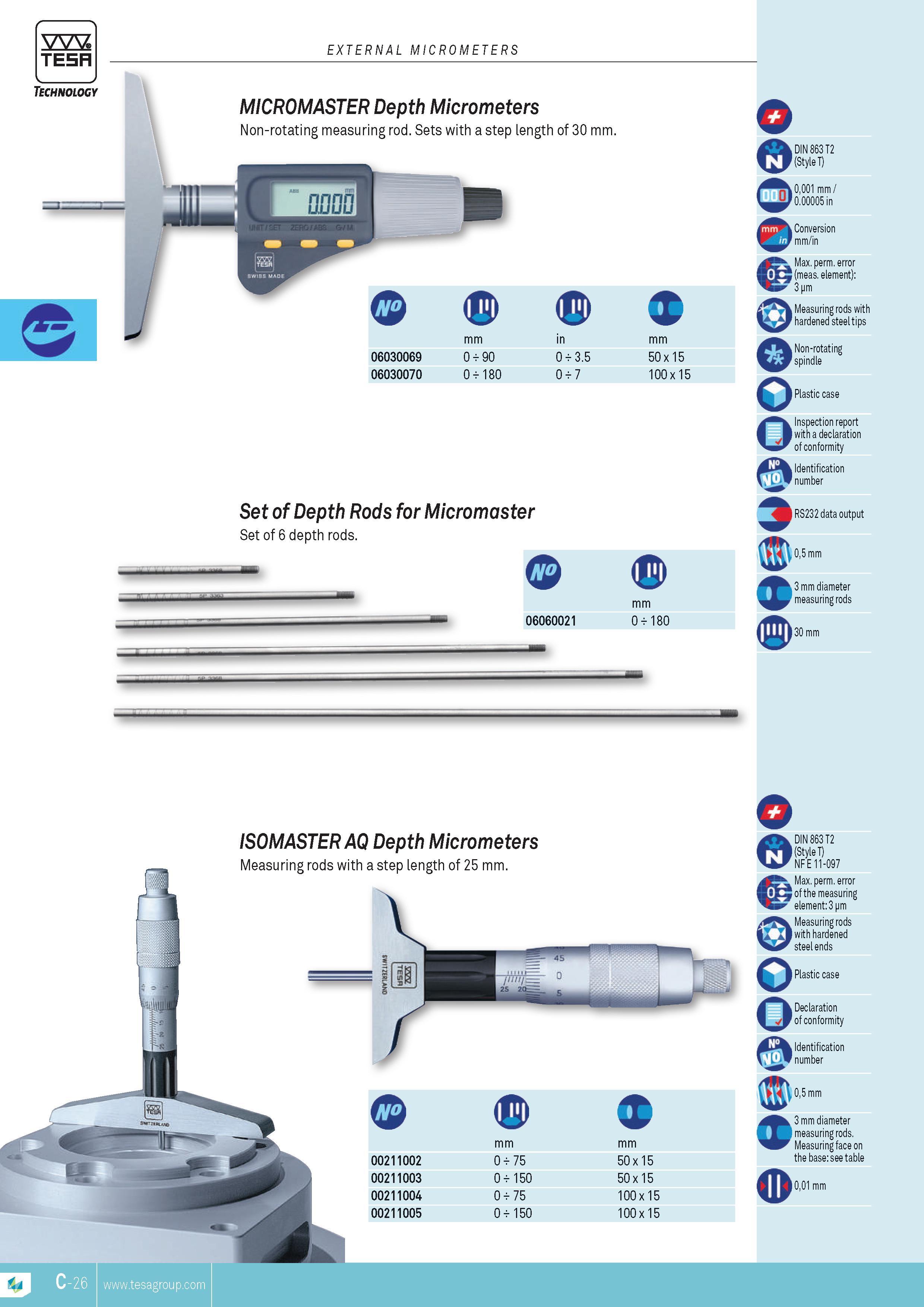 83 EXTERNAL MICROMETERS TESA MIORomASTER Depth Micrometers Non-rotating measuring rod Sets with a step length of 30 mm 06030069 06030070 mm 0 t 90 0 t 18 Каталог TESA 2014 Контрольно-измерительный инструмент и оборудование Стр. C-26 ENG