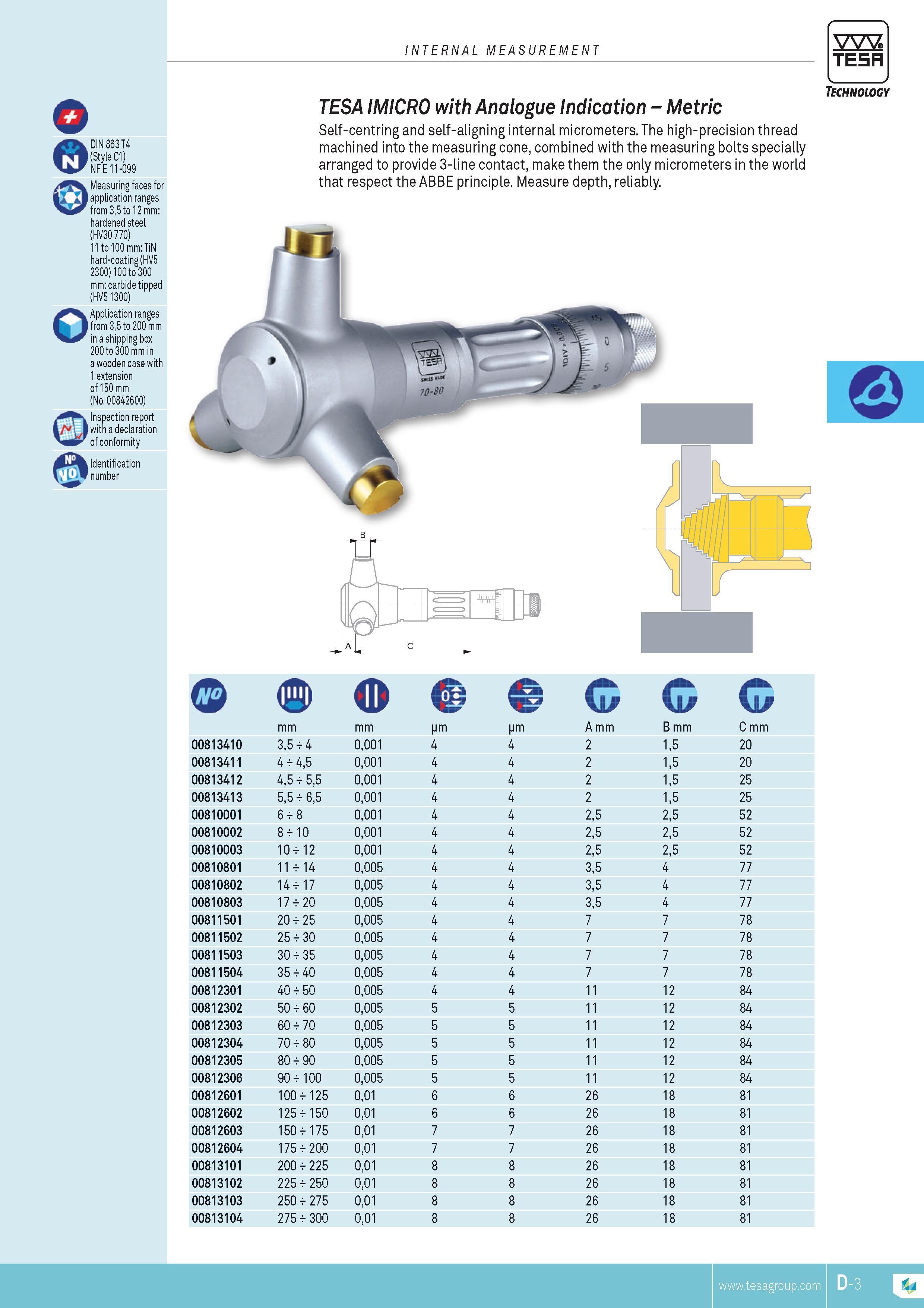 94 INTERNAL MEASUREMENT DIN 863 T4 (Style C1) NF E 11-099 Measuring faces for application ranges from 35 to 12 mm hardened steel (HV30770) 11 to 100 mm T Каталог TESA 2014 Контрольно-измерительный инструмент и оборудование Стр. D-3 ENG
