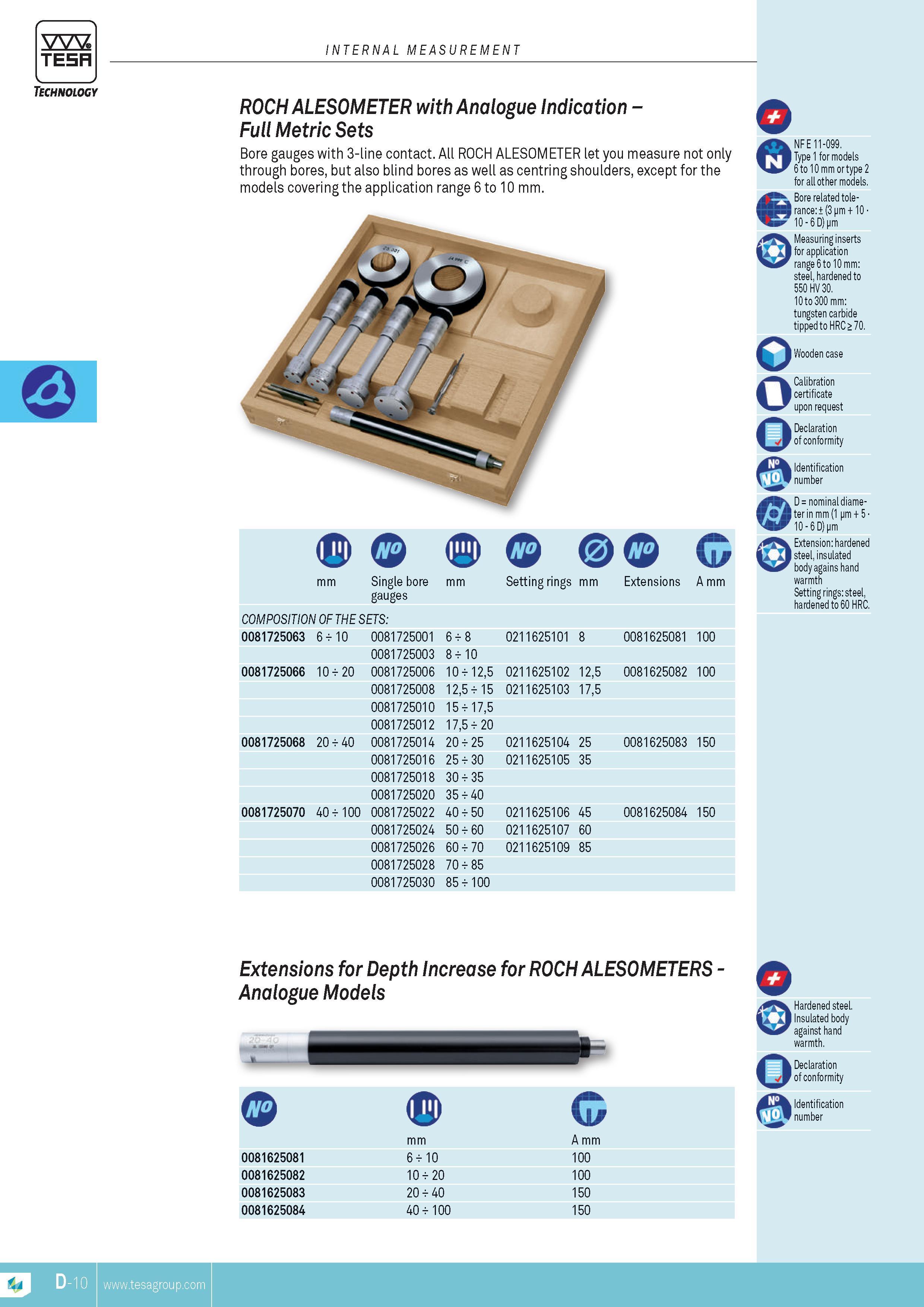 101 TESA INTERNAL MEASUREMENT ROCH ALESOMETER with Analogue Indication Full Metric Sets Bore gauges with 3-line contact AH ROCH ALESOMETER let you measure Каталог TESA 2014 Контрольно-измерительный инструмент и оборудование Стр. D-10 ENG
