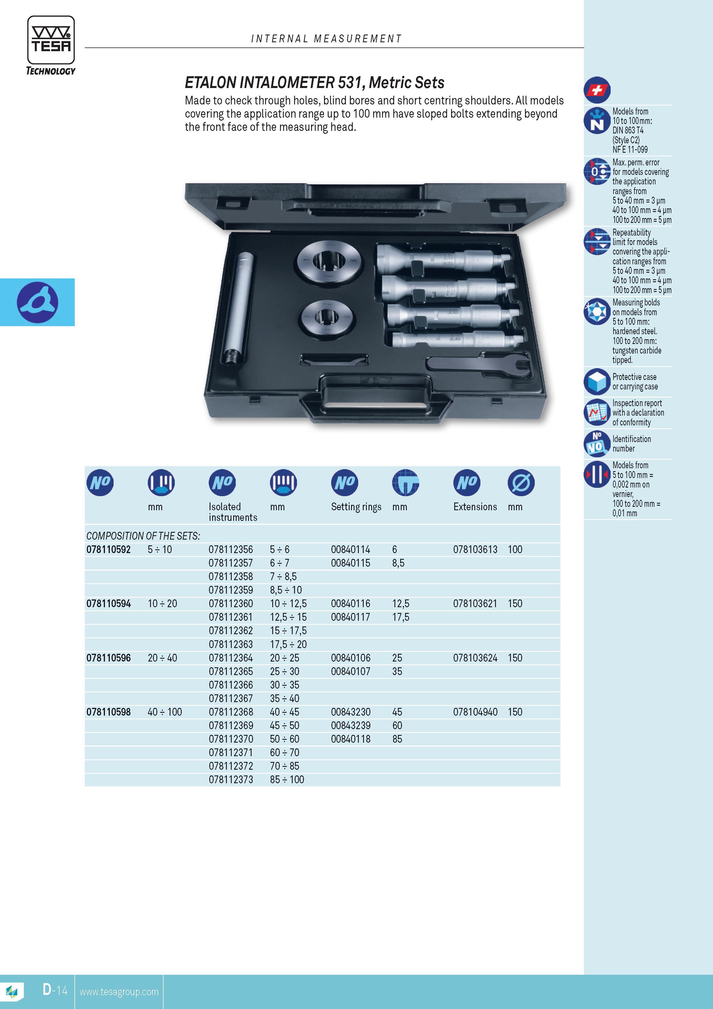105 ETALON INTALOMETER 531 Metric Sets Made to check through holes blind bores and short centring shoulders All models covering the application range up t Каталог TESA 2014 Контрольно-измерительный инструмент и оборудование Стр. D-14 ENG