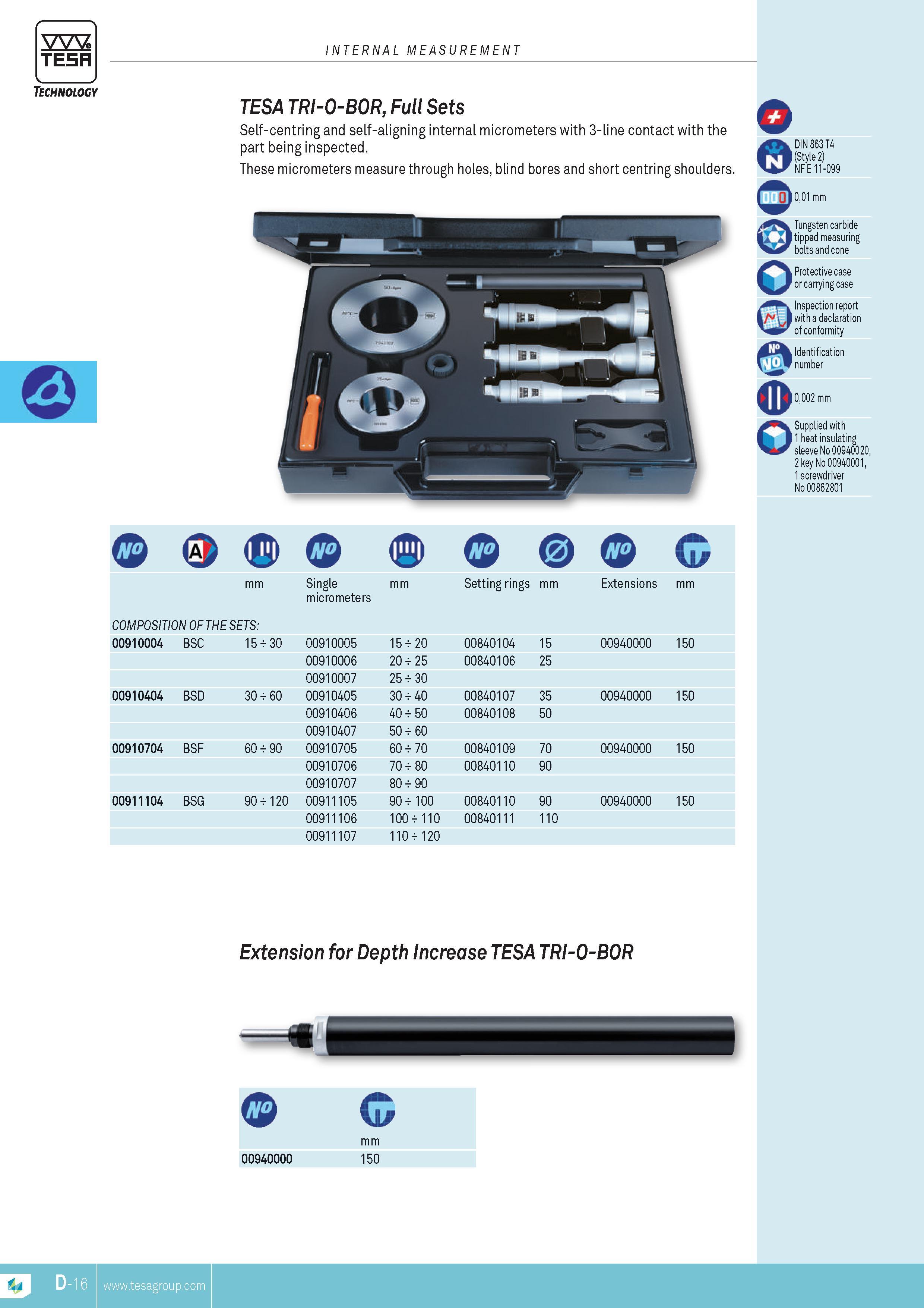 107 TESA TRI-O-BOR Full Sets Self-centring and self-aligning internal micrometers with 3-line contact with the part being inspected These micrometers meas Каталог TESA 2014 Контрольно-измерительный инструмент и оборудование Стр. D-16 ENG