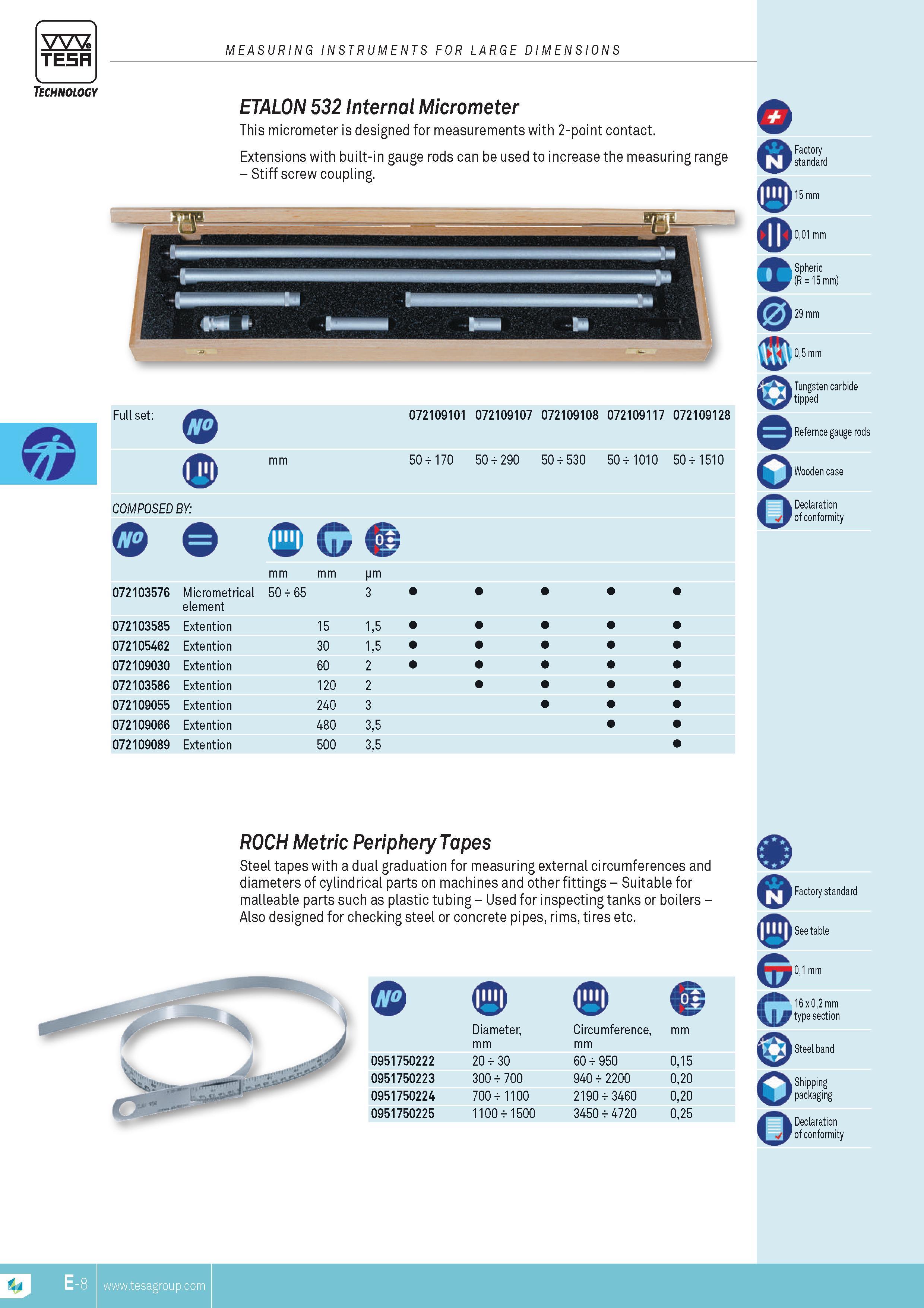 117 TESA MEASURING INSTRUMENTS FOR LARGE DIMENSIONS ETALON 532 Internal Micrometer This micrometer is designed for MEASUREMENTs with 2-point contact Exten Каталог TESA 2014 Контрольно-измерительный инструмент и оборудование Стр. E-8 ENG