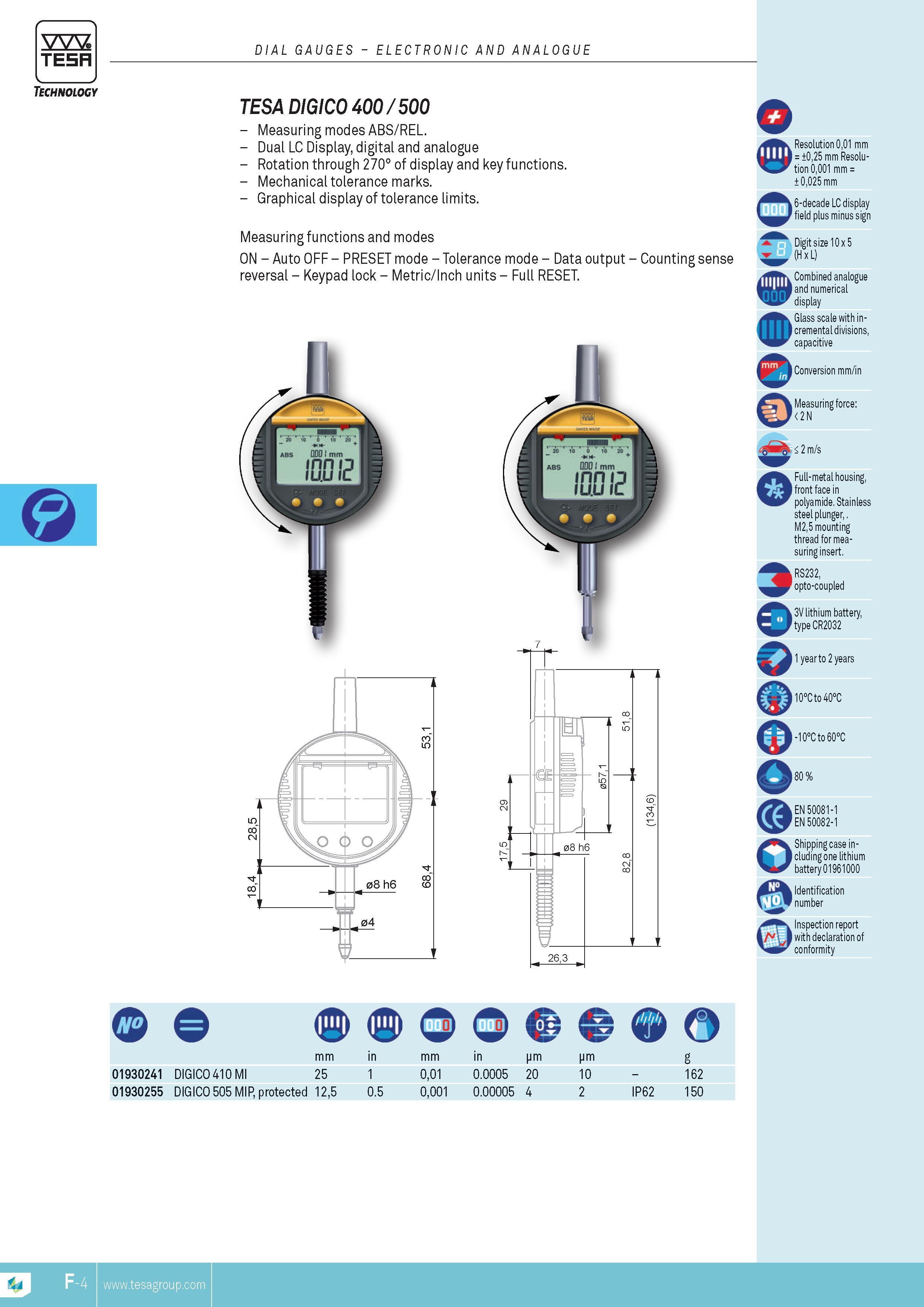 121 TESA DIAL GAUGES ELECTRONIC AND ANALOGUE TESA DIGICO 400 500 Measuring modes ABS REL Dual LC Display digital and analogue Rotation through 270 of disp Каталог TESA 2014 Контрольно-измерительный инструмент и оборудование Стр. F-4 ENG