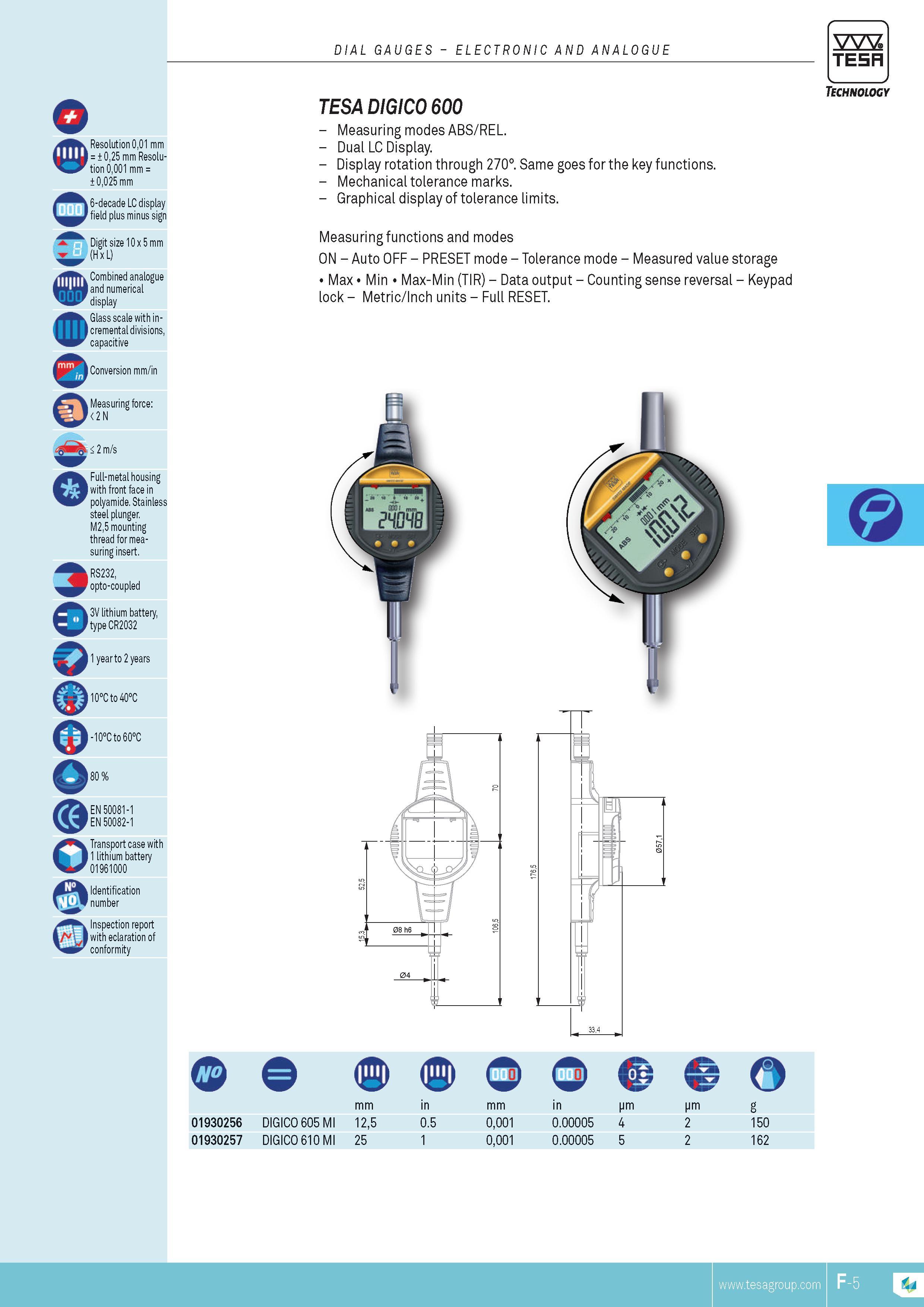 122 DIAL GAUGES ELECTRONIC AND ANALOGUE TESA Resolution 001 mm 025 mm Resolution 0001 mm 0025 mm 6-decade LC display field plus minus sign Digit size 10 x Каталог TESA 2014 Контрольно-измерительный инструмент и оборудование Стр. F-5 ENG