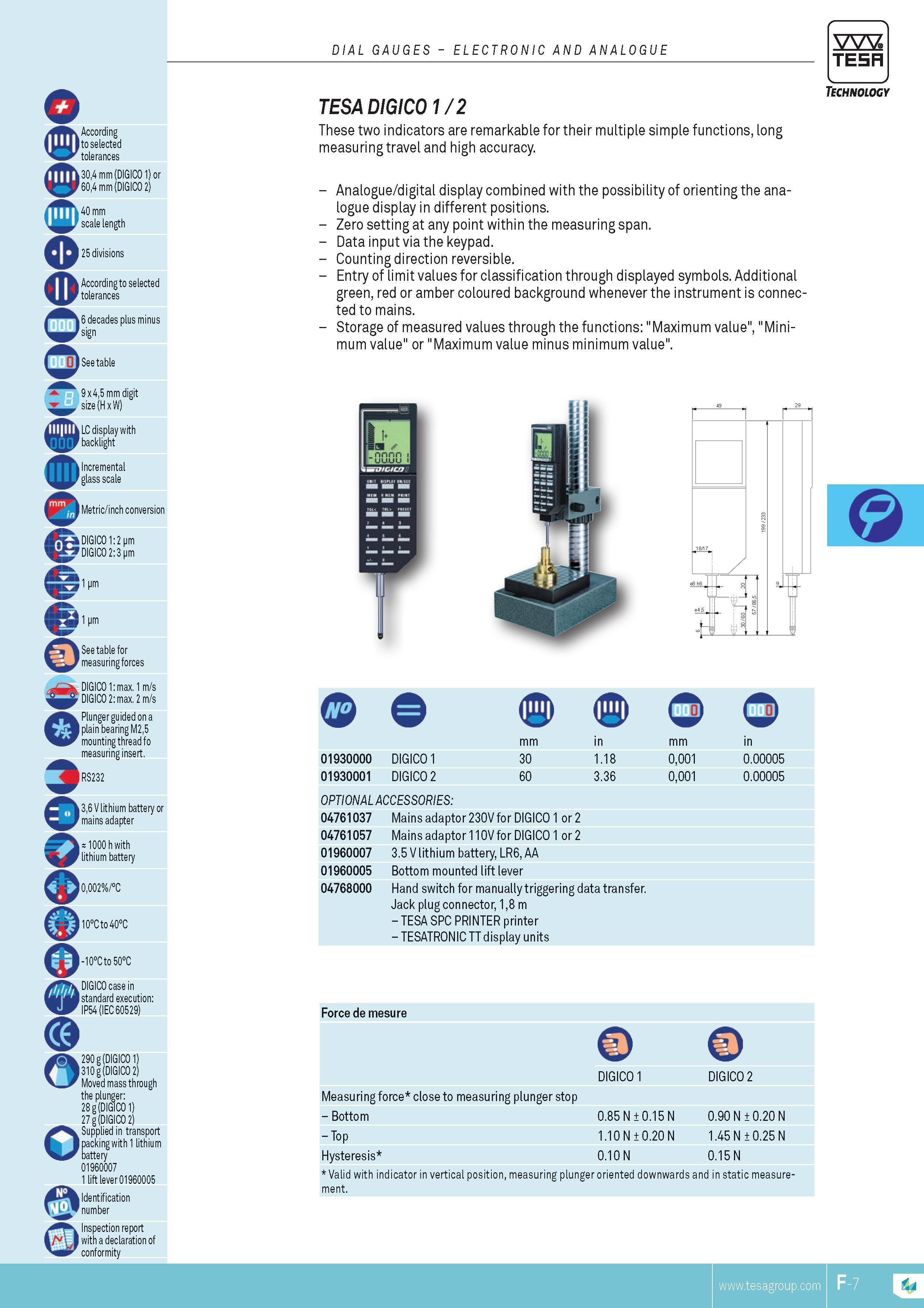 124 DIAL GAUGES ELECTRONIC AND ANALOGUE TESA According to selected tolerances 30 4 mm (DIGICO 1) or 60 4 mm (DIGICO 2) 40 mm scale length 25 divisions Acc Каталог TESA 2014 Контрольно-измерительный инструмент и оборудование Стр. F-7 ENG