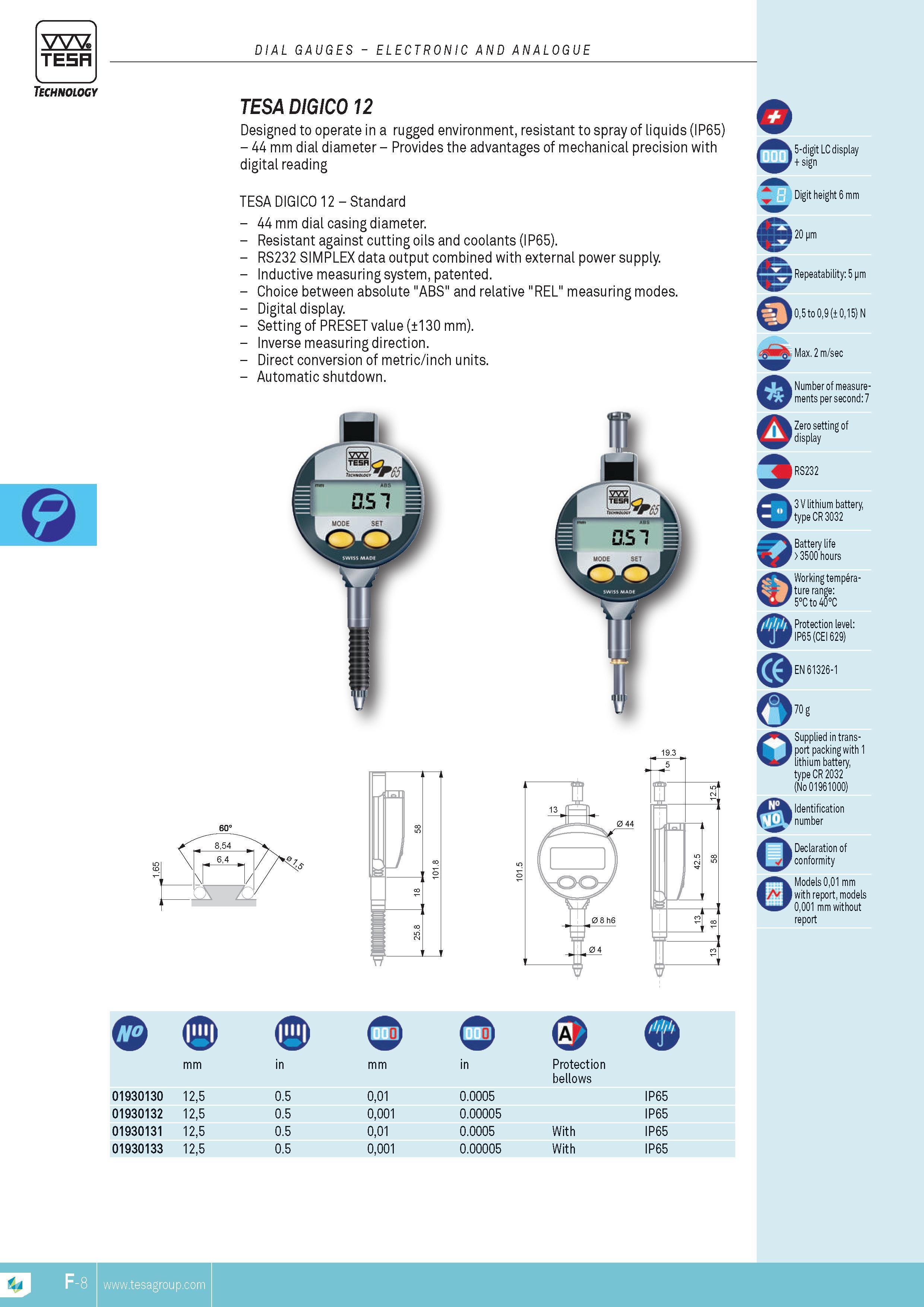 125 DIAL GAUGES ELECTRONIC AND ANALOGUE TESA DIGICO 12 Designed to operate in a rugged environment resistant to spray of liquids (IP65) 44 mm dial diamete Каталог TESA 2014 Контрольно-измерительный инструмент и оборудование Стр. F-8 ENG