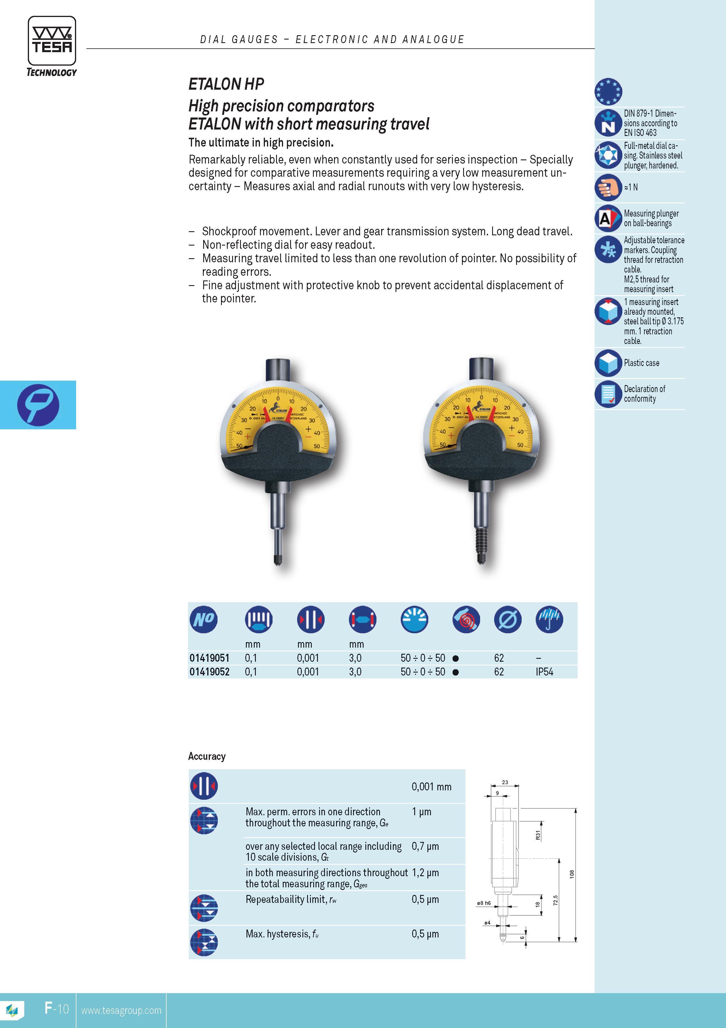 127 DIAL GAUGES ELECTRONIC AND ANALOGUE ETALON HP High precision comparators ETALON with short measuring travel The ultimate in high precision Remarkably Каталог TESA 2014 Контрольно-измерительный инструмент и оборудование Стр. F-10 ENG