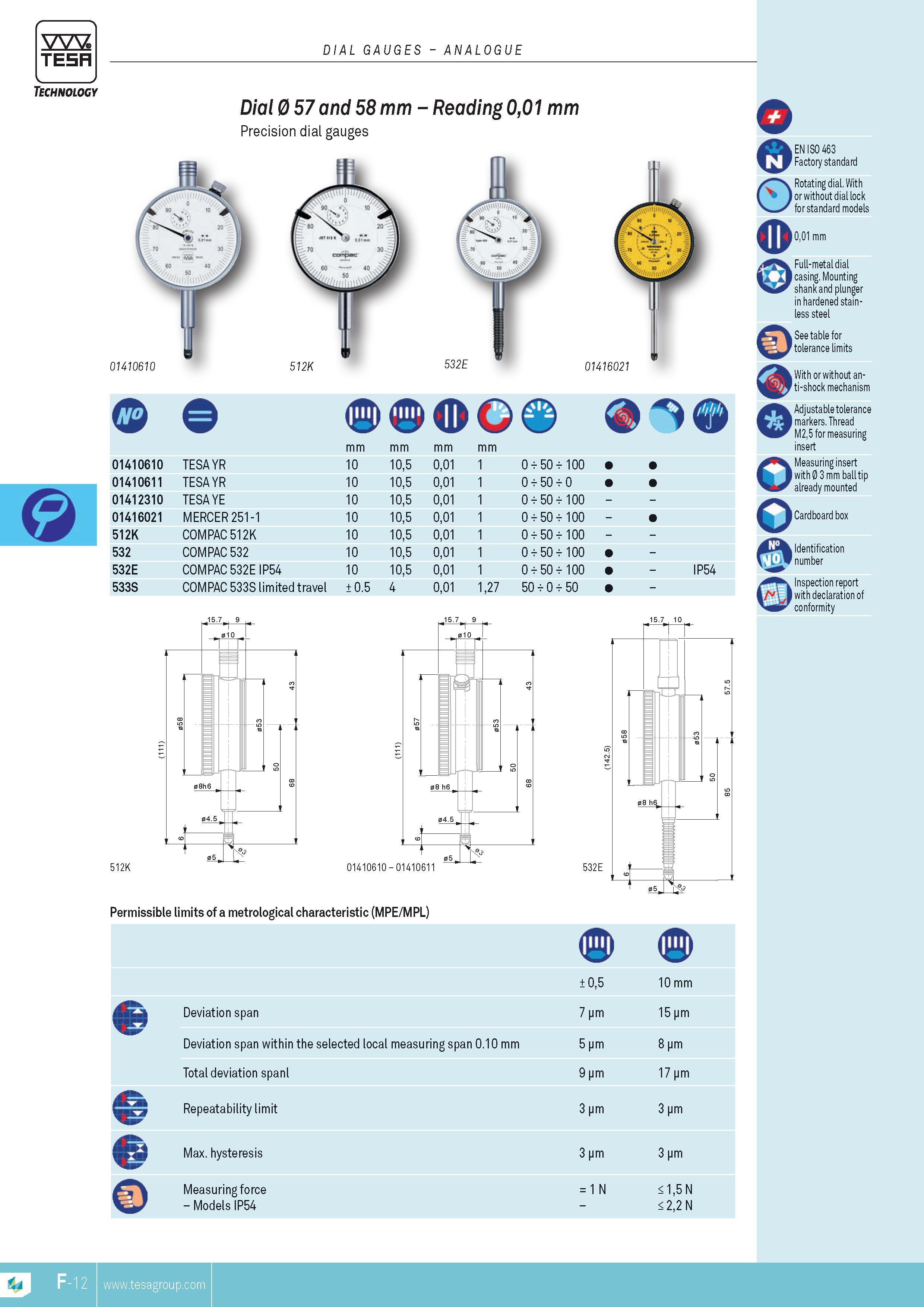 129 DIAL GAUGES TESA ANALOGUE Dial 57 and 58 mm Reading 001 mm Precision dial gauges 532E 01410610 01410611 01412310 01416021 512K 532 532E 533S TESA YR T Каталог TESA 2014 Контрольно-измерительный инструмент и оборудование Стр. F-12 ENG