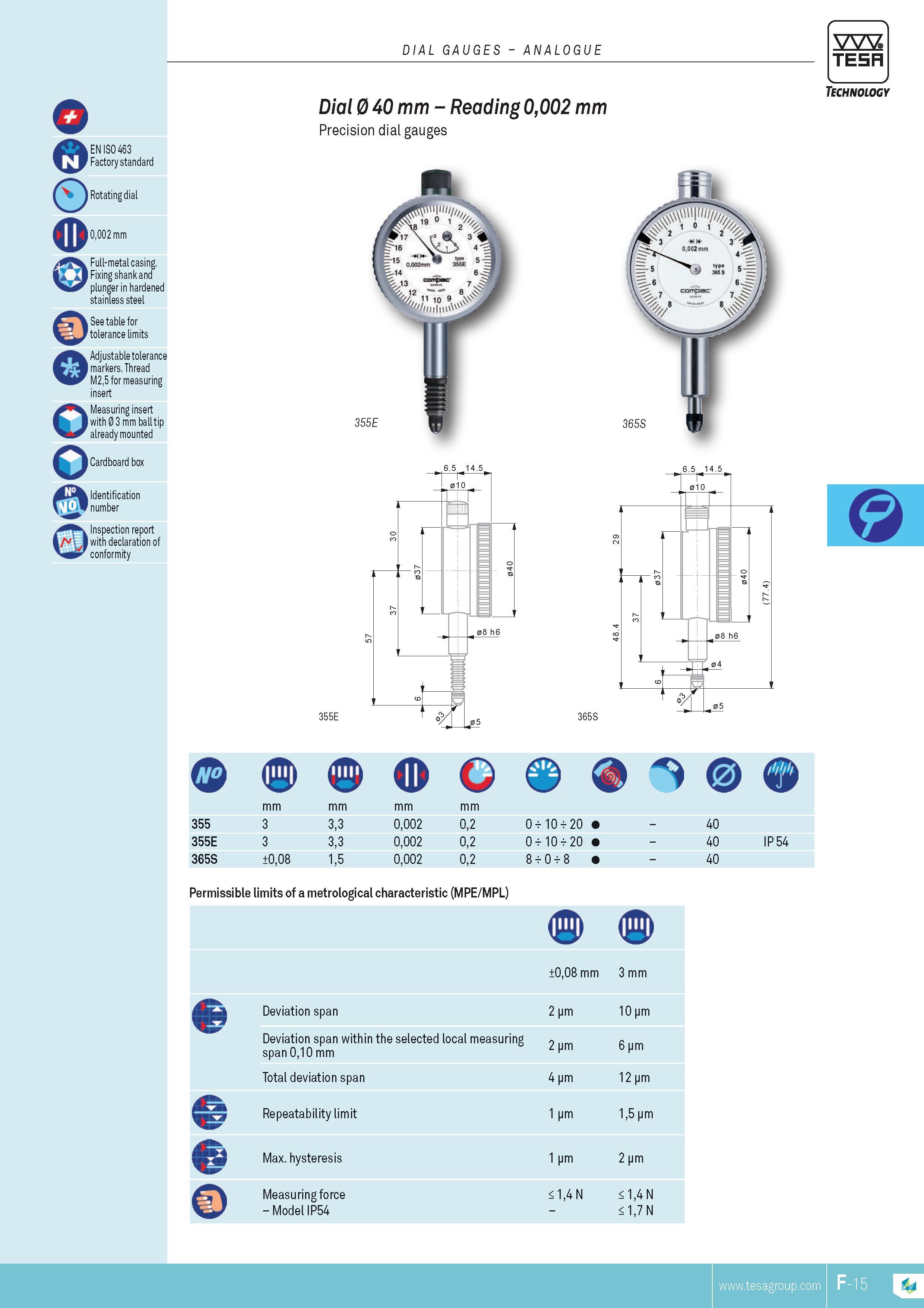 132 DIAL GAUGES ANALOGUE EN ISO 463 Factory standard o 0002 mm Full-metal casing Fixing shank and plunger in hardened stainless steel See table for tolera Каталог TESA 2014 Контрольно-измерительный инструмент и оборудование Стр. F-15 ENG