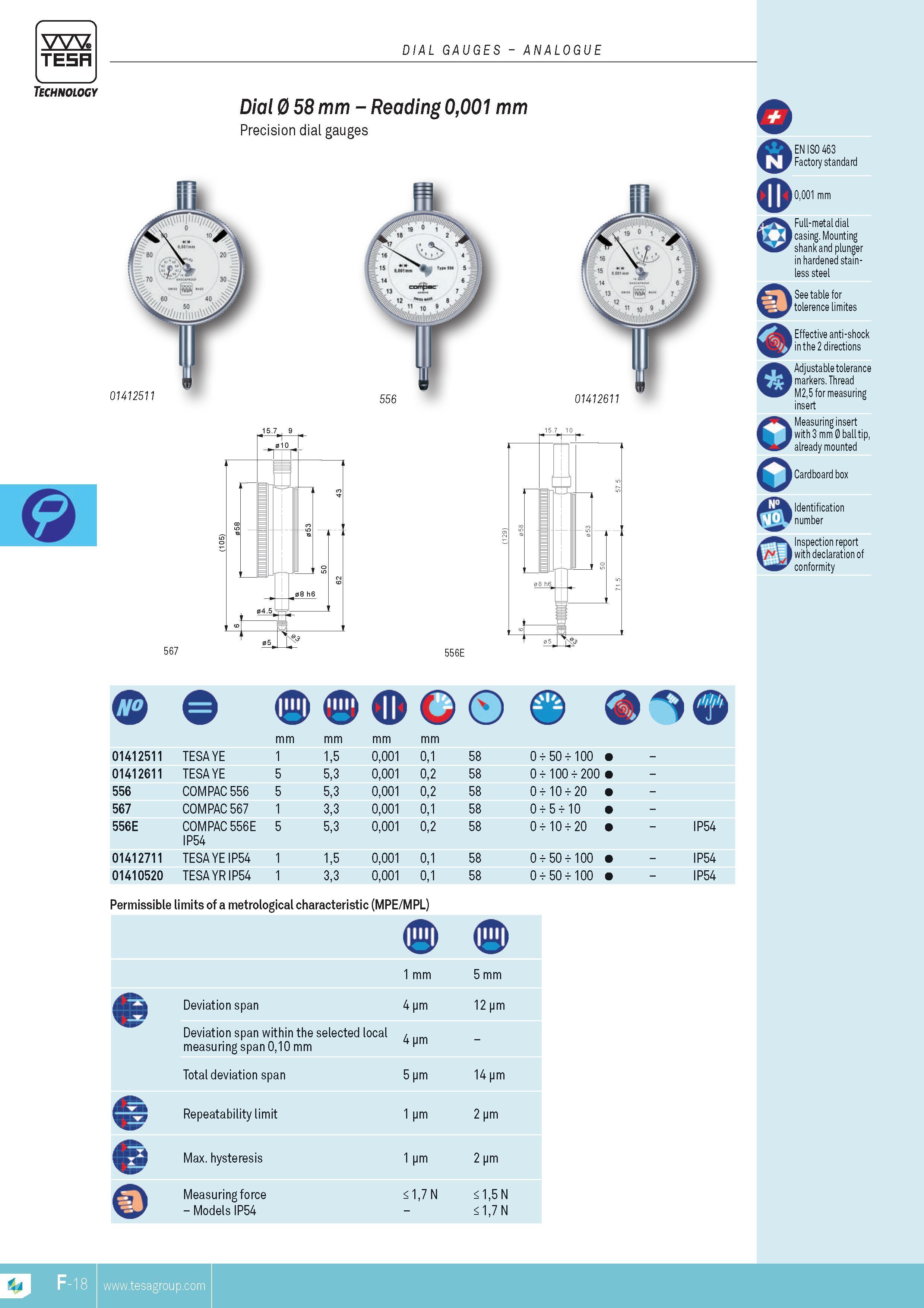 135 DIAL GAUGES ANALOGUE EN ISO 463 Factory standard 0001 mm Full-metal dial casing Mounting shank and plunger in hardened stainless steel See table for t Каталог TESA 2014 Контрольно-измерительный инструмент и оборудование Стр. F-18 ENG