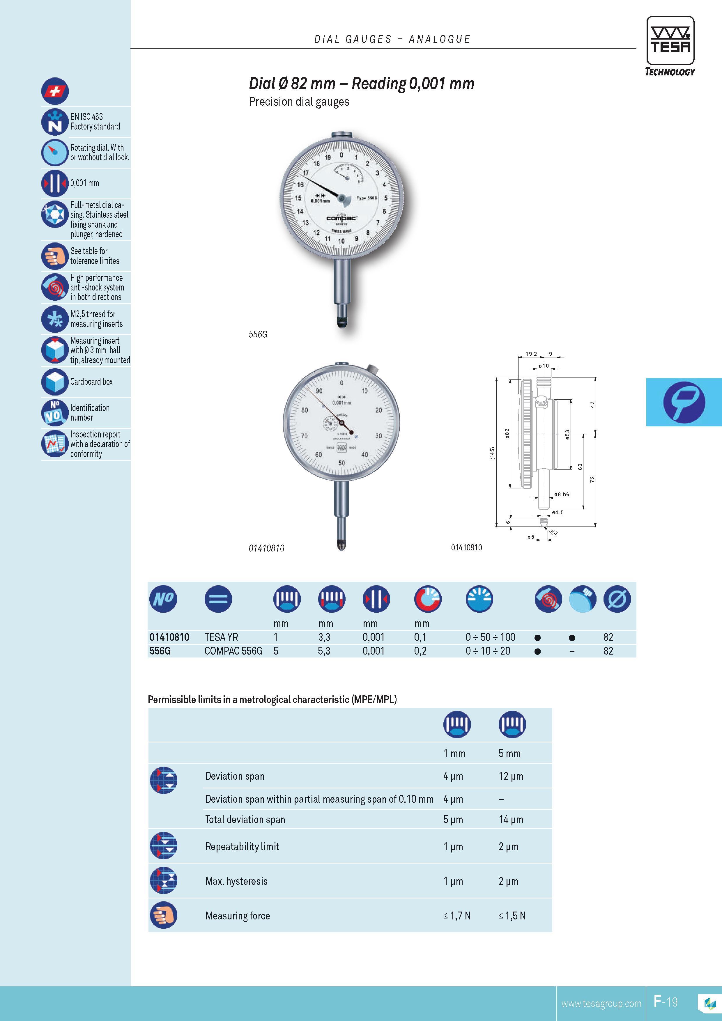 136 DIAL GAUGES ANALOGUE TESA EN ISO 463 Factory standard or wothout dial lock 0001 mm Full-metal dial casing Stainless steel fixing shank and plunger har Каталог TESA 2014 Контрольно-измерительный инструмент и оборудование Стр. F-19 ENG