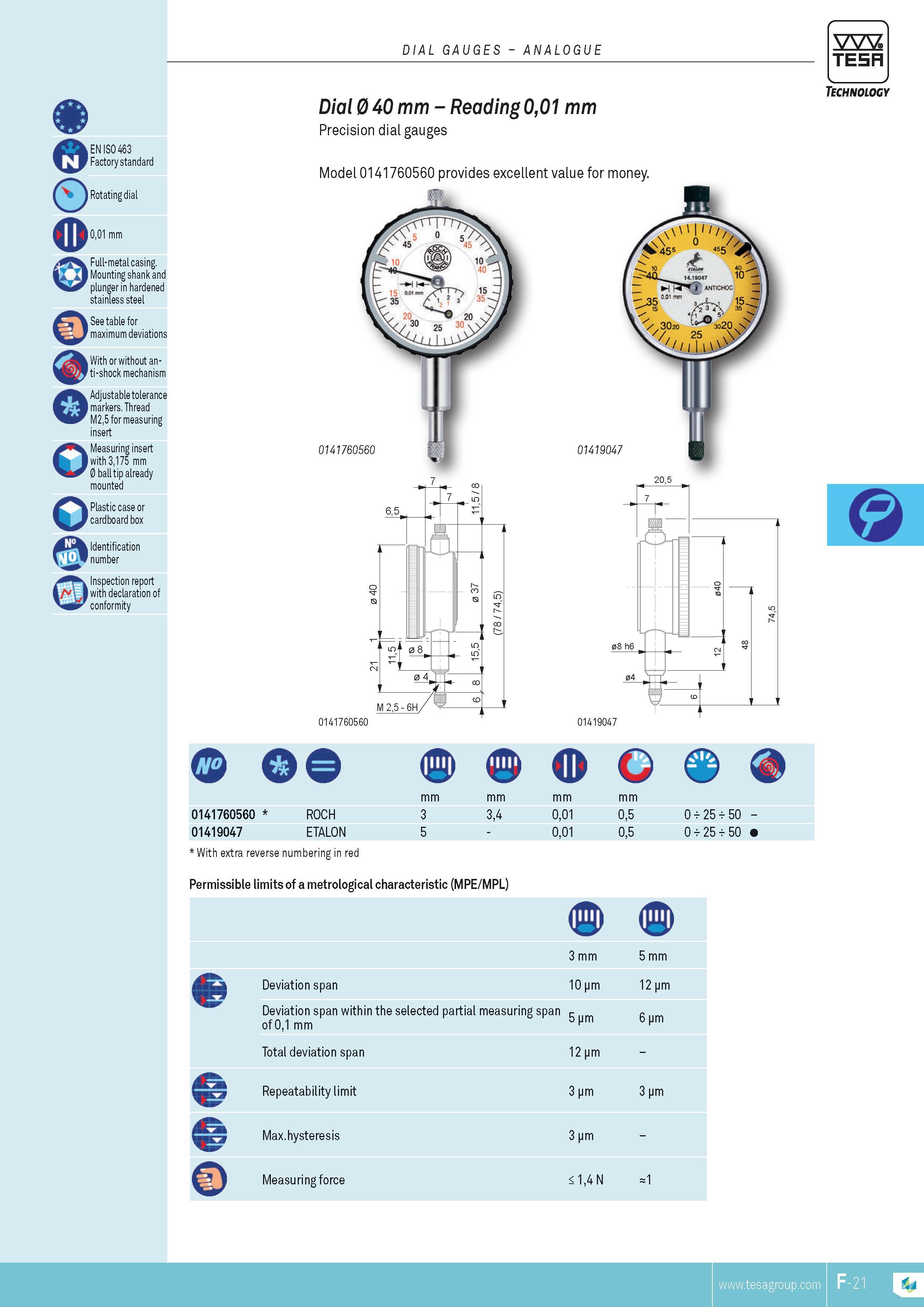 138 DIAL GAUGES ANALOGUE EN ISO 463 Factory standard 001 mm Full-metal casing Mounting shank and plunger in hardened stainless steel See table for maximum Каталог TESA 2014 Контрольно-измерительный инструмент и оборудование Стр. F-21 ENG