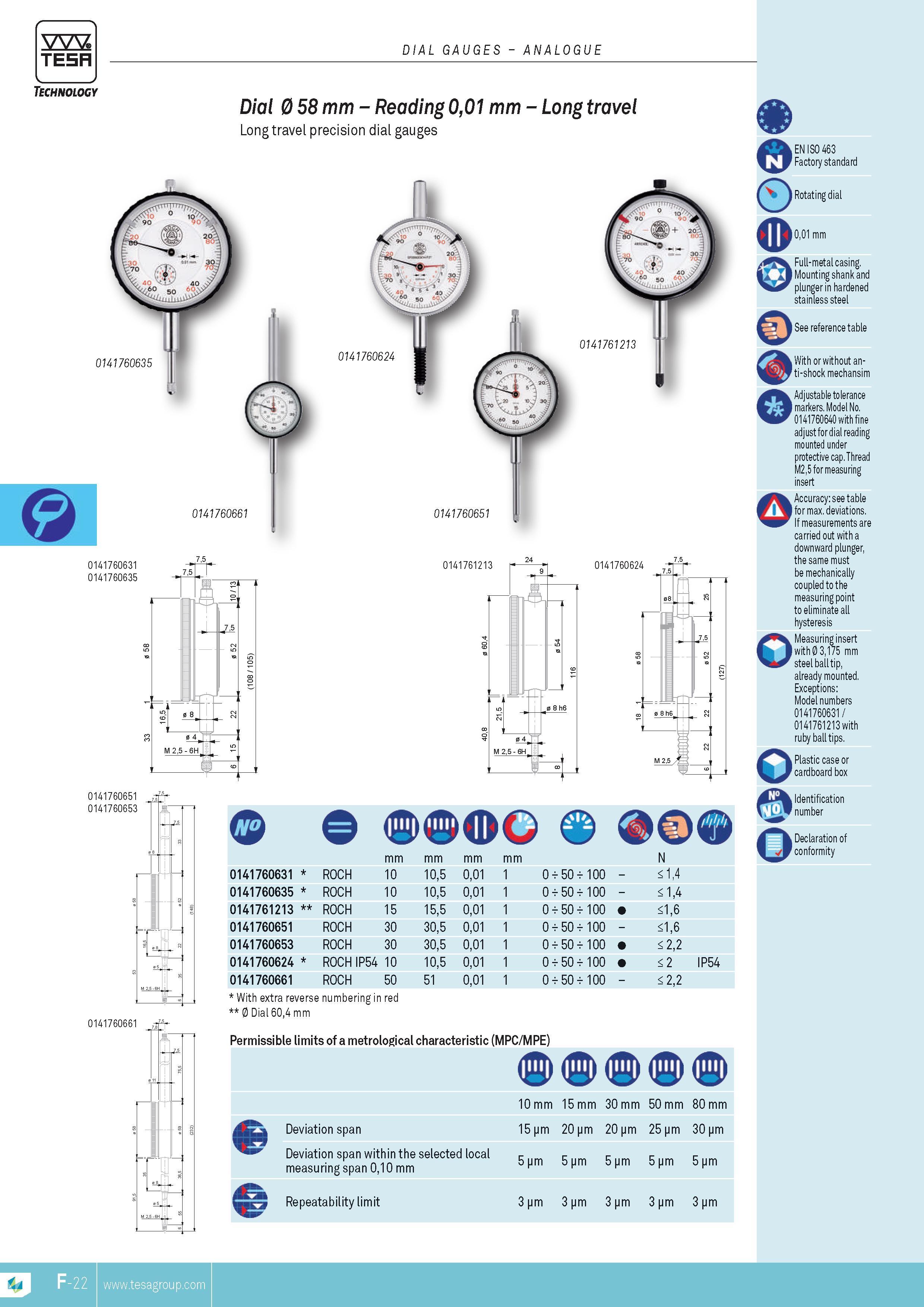 139 DIAL GAUGES TESA ANALOGUE Dial 0 58 mm Reading 001 mm Long travel Long travel precision dial gauges 0141760635 0141760624 0141761213 0141760631 014176 Каталог TESA 2014 Контрольно-измерительный инструмент и оборудование Стр. F-22 ENG