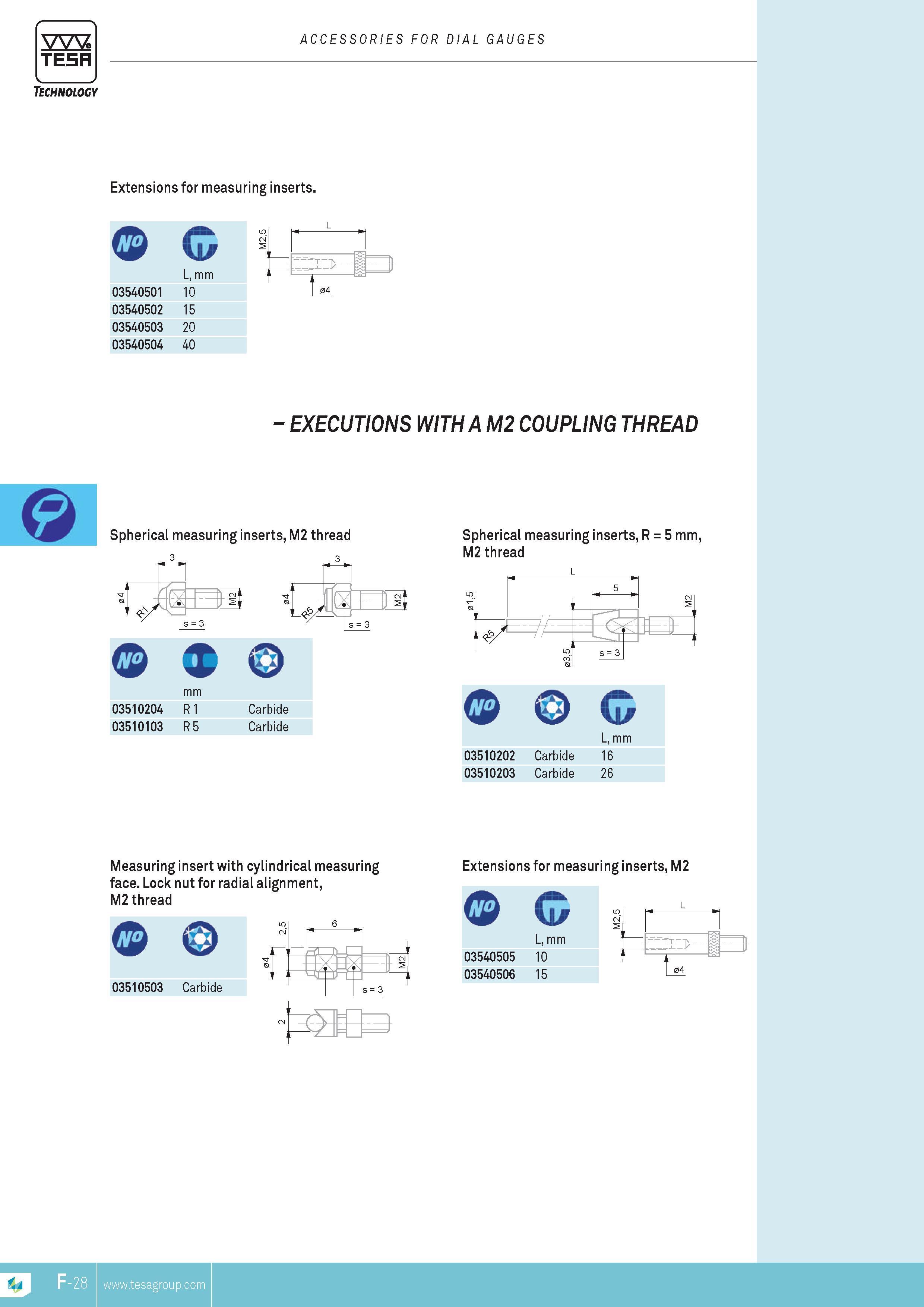 145 ACCESSORIES FOR DIAL GAUGES TESA Extensions for measuring inserts XECUTIONS WITH A M2 COUPLING THREAD Spherical measuring inserts M2 thread 3- 3 1 i t Каталог TESA 2014 Контрольно-измерительный инструмент и оборудование Стр. F-28 ENG