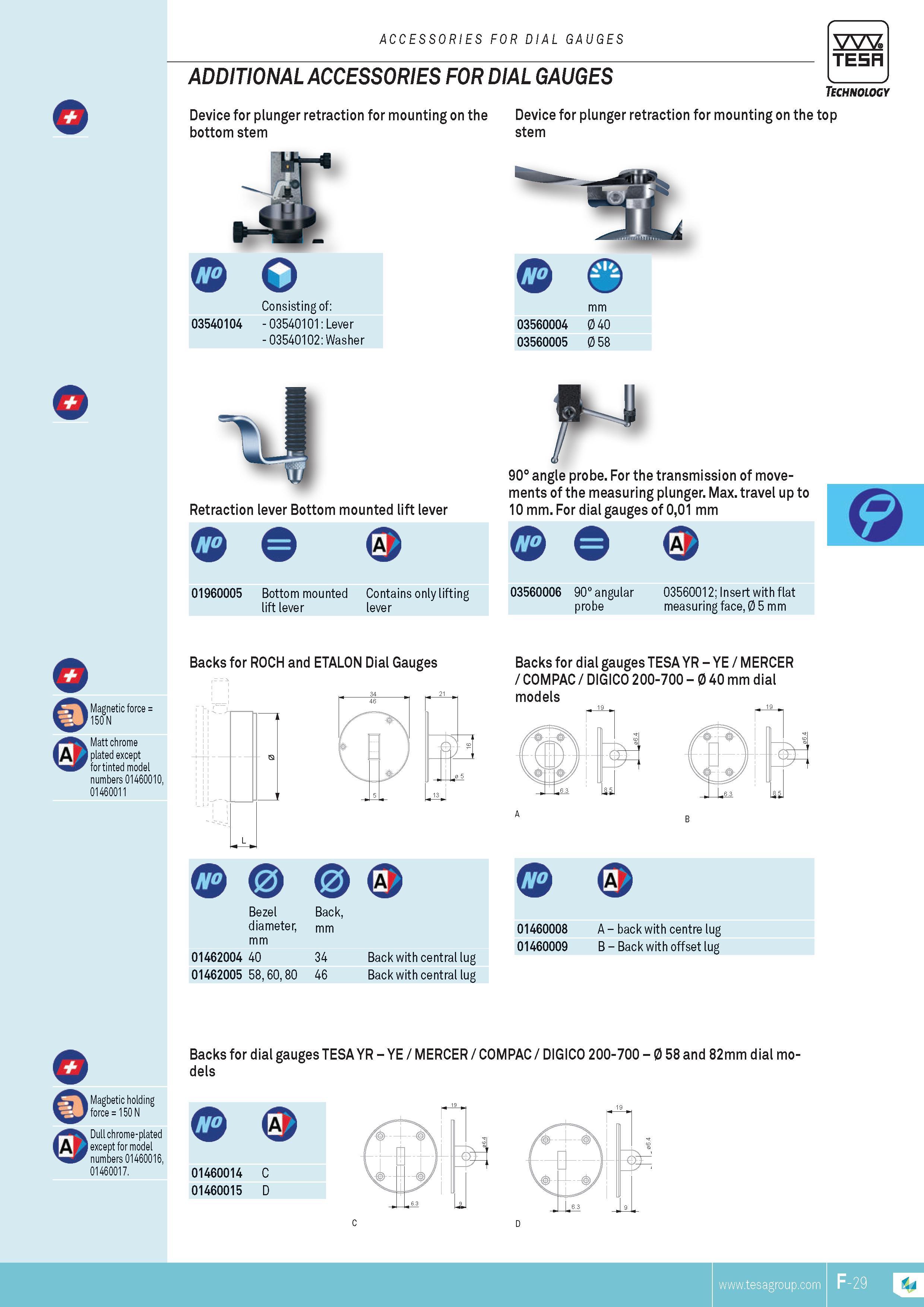 146 ADDITIONAL ACCESSORIES FOR DIAL GAUGES Device for plunger retraction for mounting on the Device for plunger retraction for mounting on the top bottom Каталог TESA 2014 Контрольно-измерительный инструмент и оборудование Стр. F-29 ENG