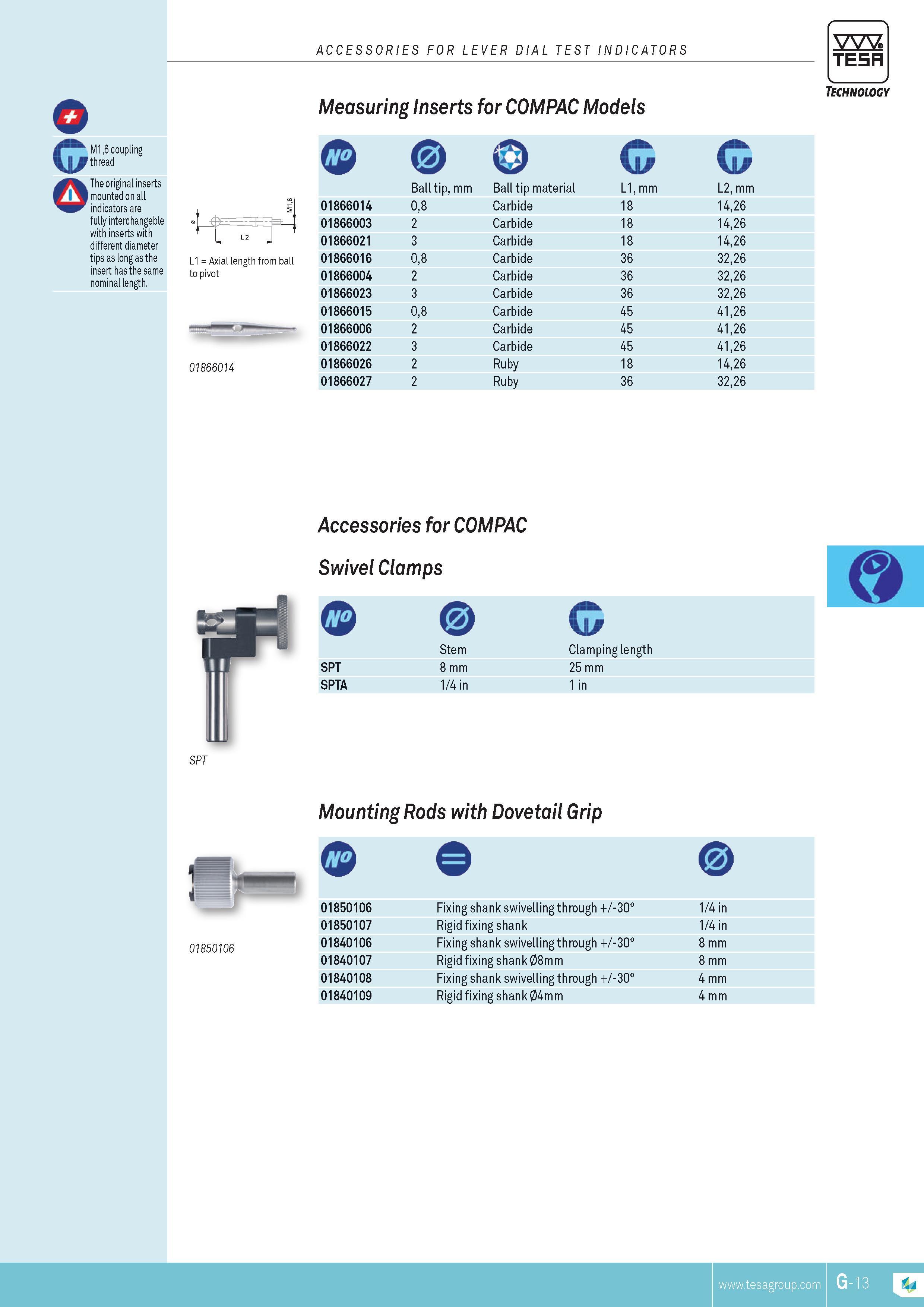 160 ACCESSORIES FOR LEVER DIAL TEST INDICATORS TESA M16 coupling thread The original inserts mounted on all indicators are fully interchangeble with inser Каталог TESA 2014 Контрольно-измерительный инструмент и оборудование Стр. G-13 ENG