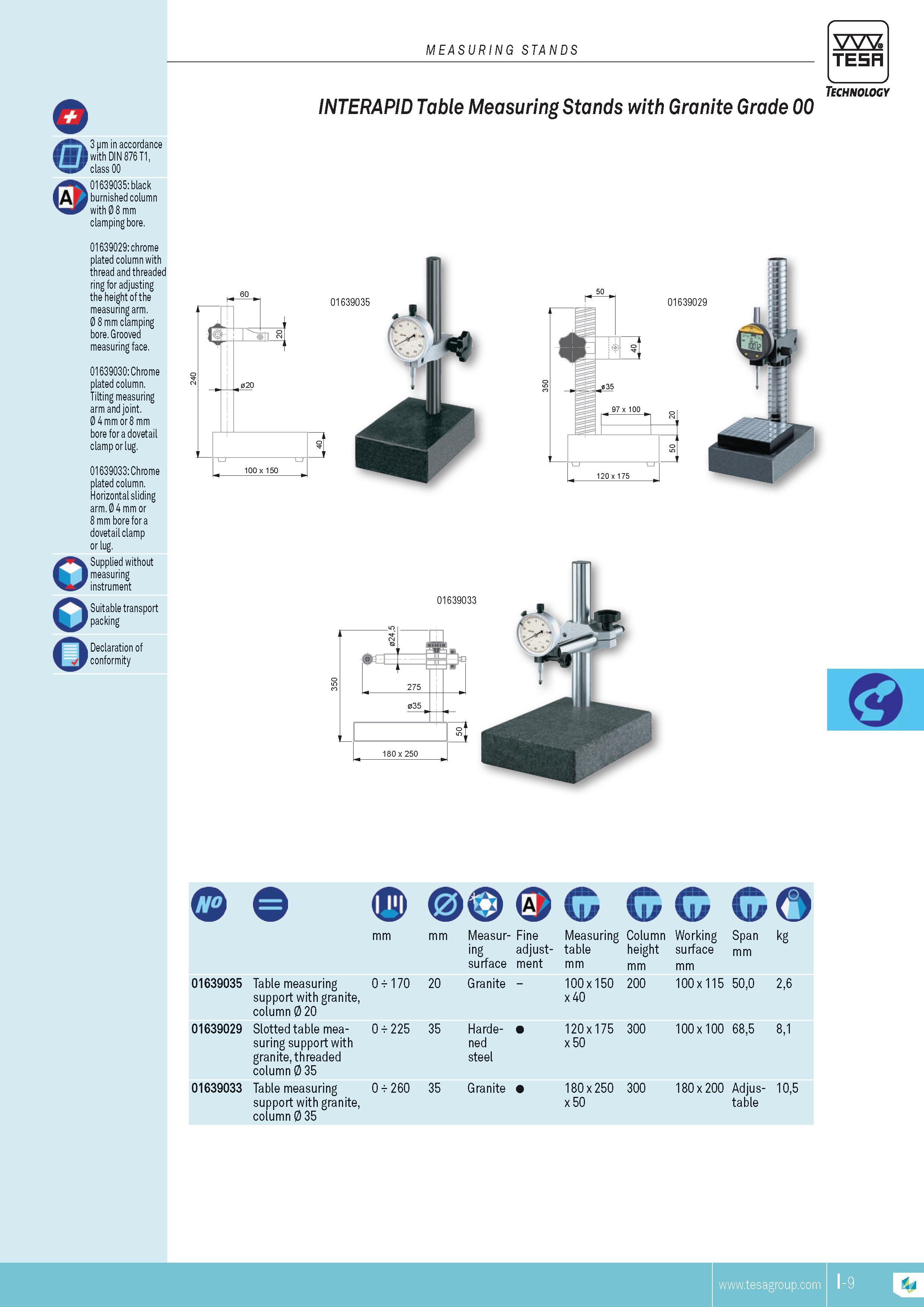 182 measuring stands TESA INTERAPID Table Measuring Stands with Granite Grade Technology 3 pm in accordance with DIN 876 T1 class 00 01639035 black A burn Каталог TESA 2014 Контрольно-измерительный инструмент и оборудование Стр. I-9 ENG