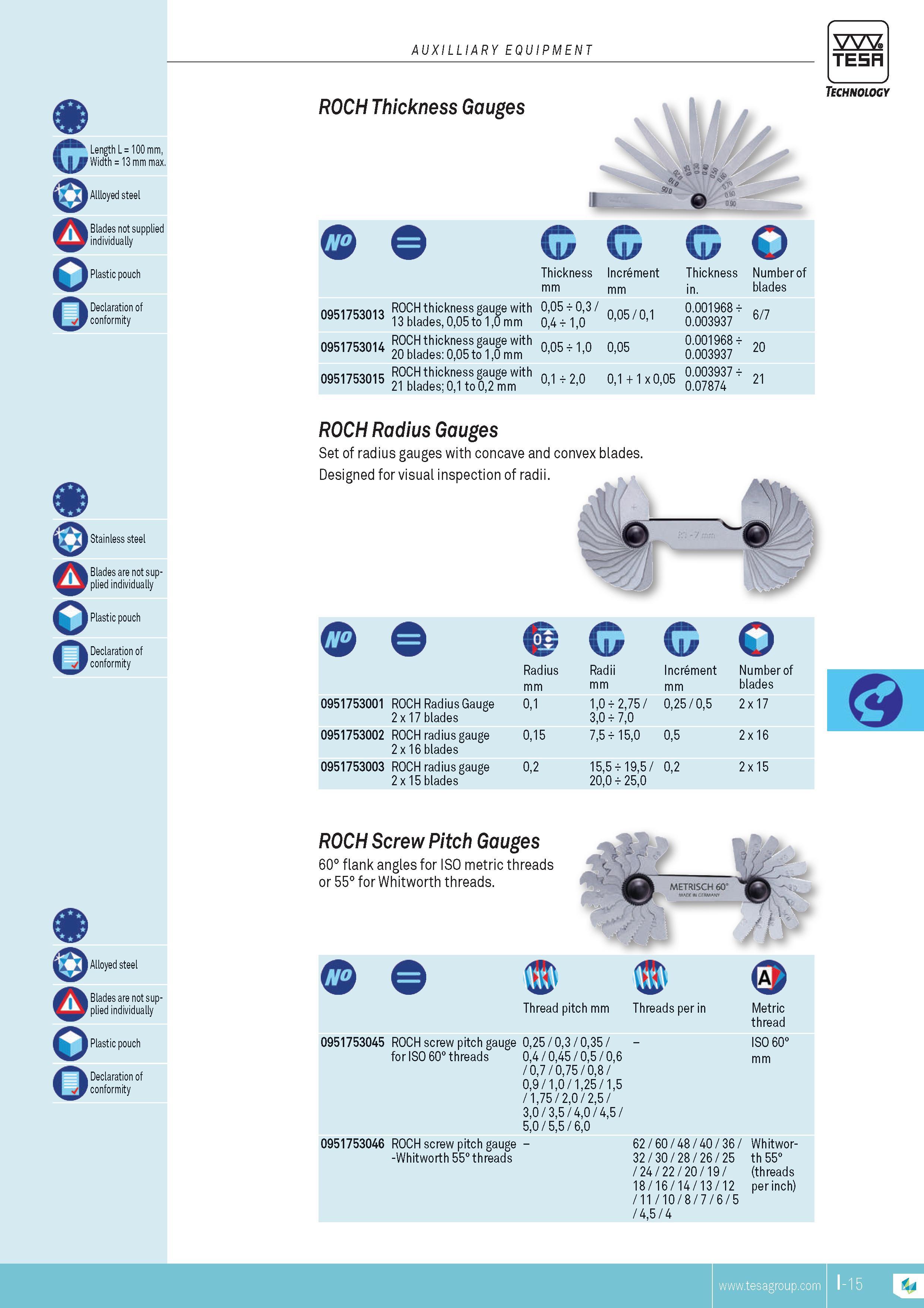 188 AUXILLIARY EQUIPMENT ROCH Thickness Gauges Length L 100 mm Width 13 mm max A oyed steel Blades not supplied individually Plastic pouch Declaration of Каталог TESA 2014 Контрольно-измерительный инструмент и оборудование Стр. I-15 ENG