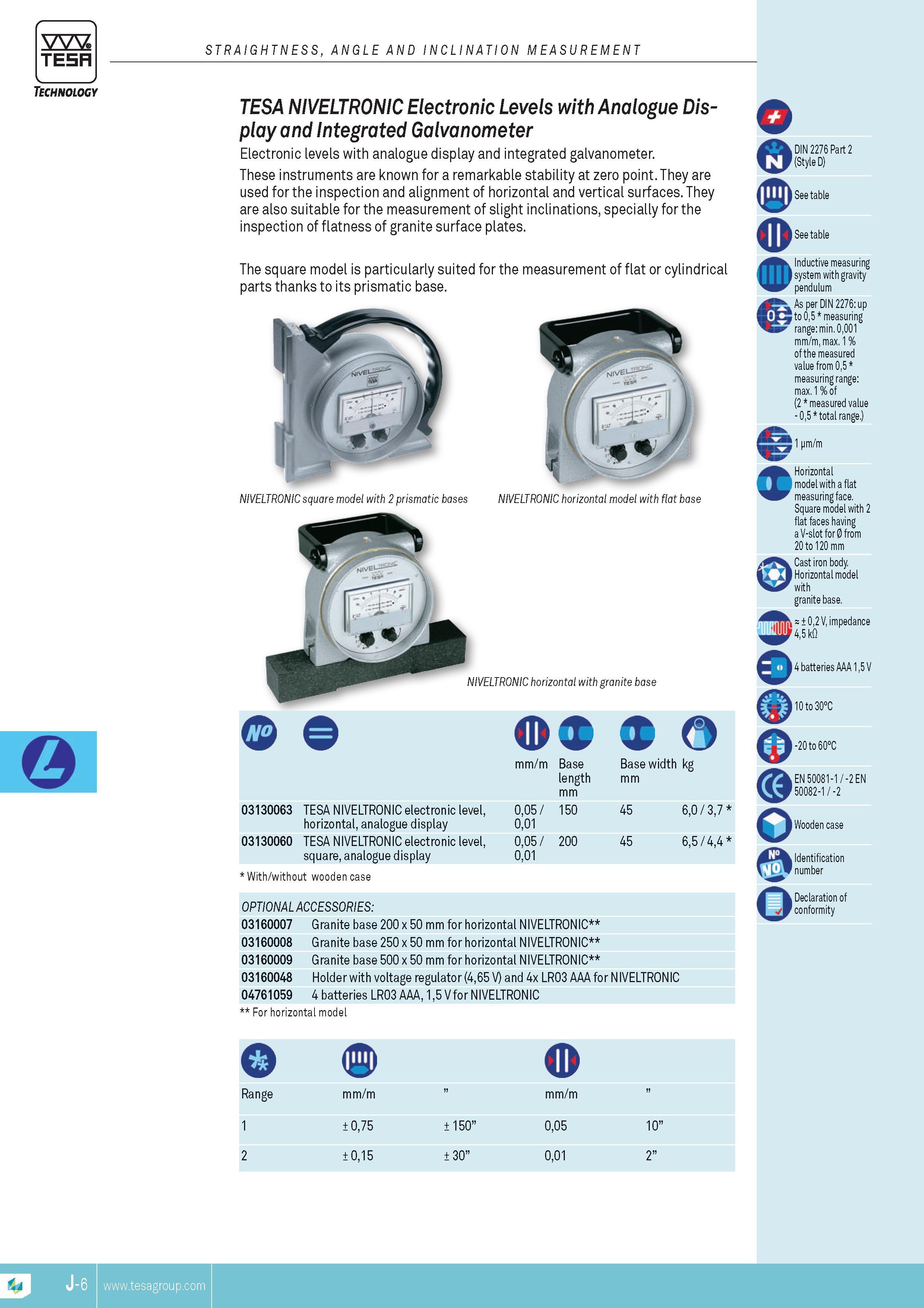 195 STRAIGHTNESS ANGLE AND INCLINATION MEASUREMENT TESA NIVELTRONIC Electronic Levels with Analogue Display and Integrated Galvanometer Electronic levels Каталог TESA 2014 Контрольно-измерительный инструмент и оборудование Стр. J-6 ENG