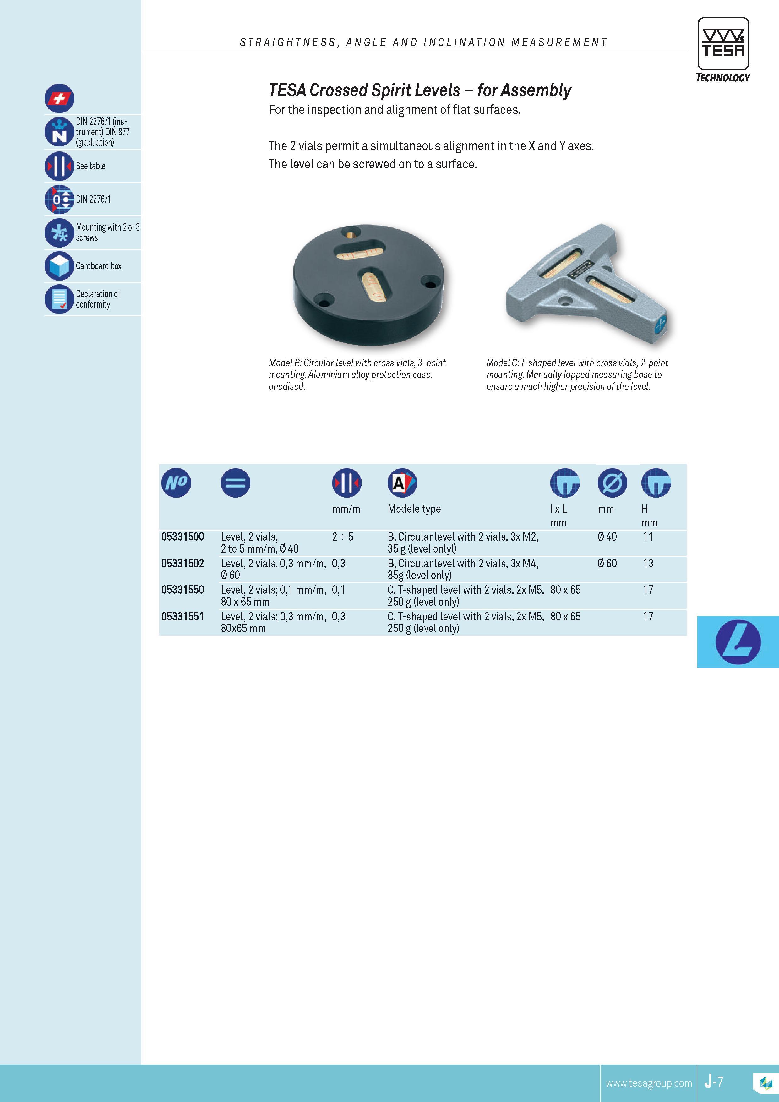 196 straightness angle and inclination MEASUREMENT TESA 2276 1 (instrument) DIN 877 See table DIN 2276 1 Mounting with 2 or 3 screws Cardboard box Declara Каталог TESA 2014 Контрольно-измерительный инструмент и оборудование Стр. J-7 ENG