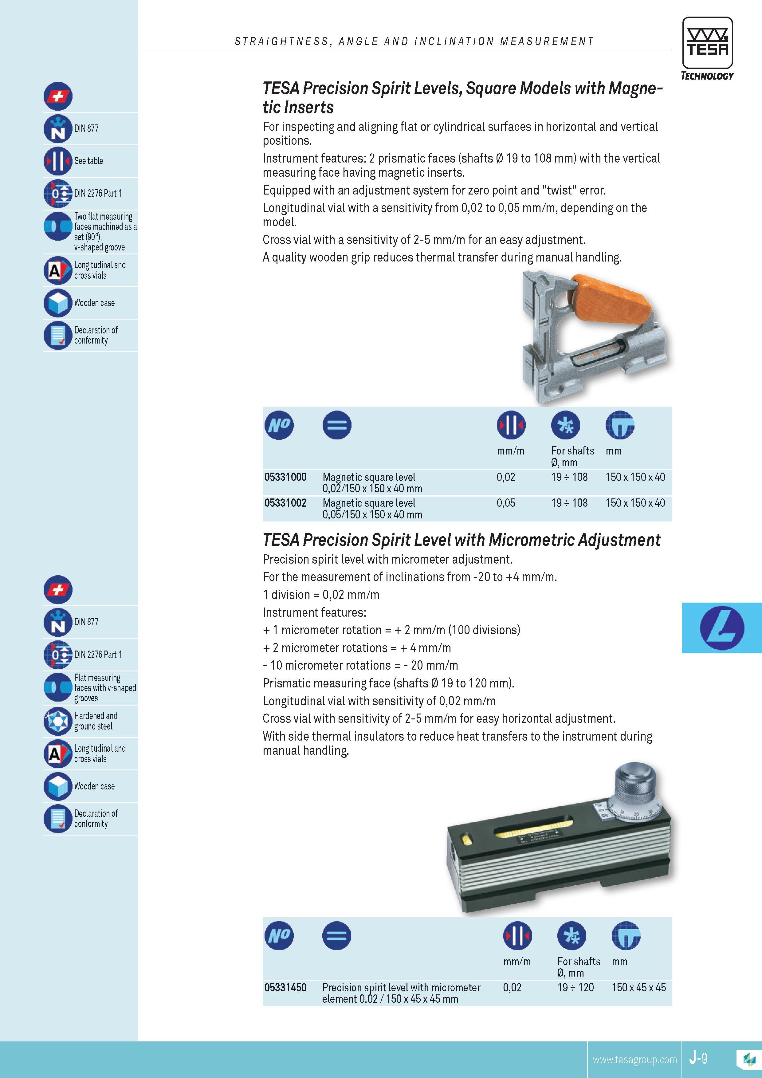 198 Precision Spirit Levels Square Models with Magnetic Inserts For inspecting and aligning flat or cylindrical surfaces in horizontal and vertical positi Каталог TESA 2014 Контрольно-измерительный инструмент и оборудование Стр. J-9 ENG