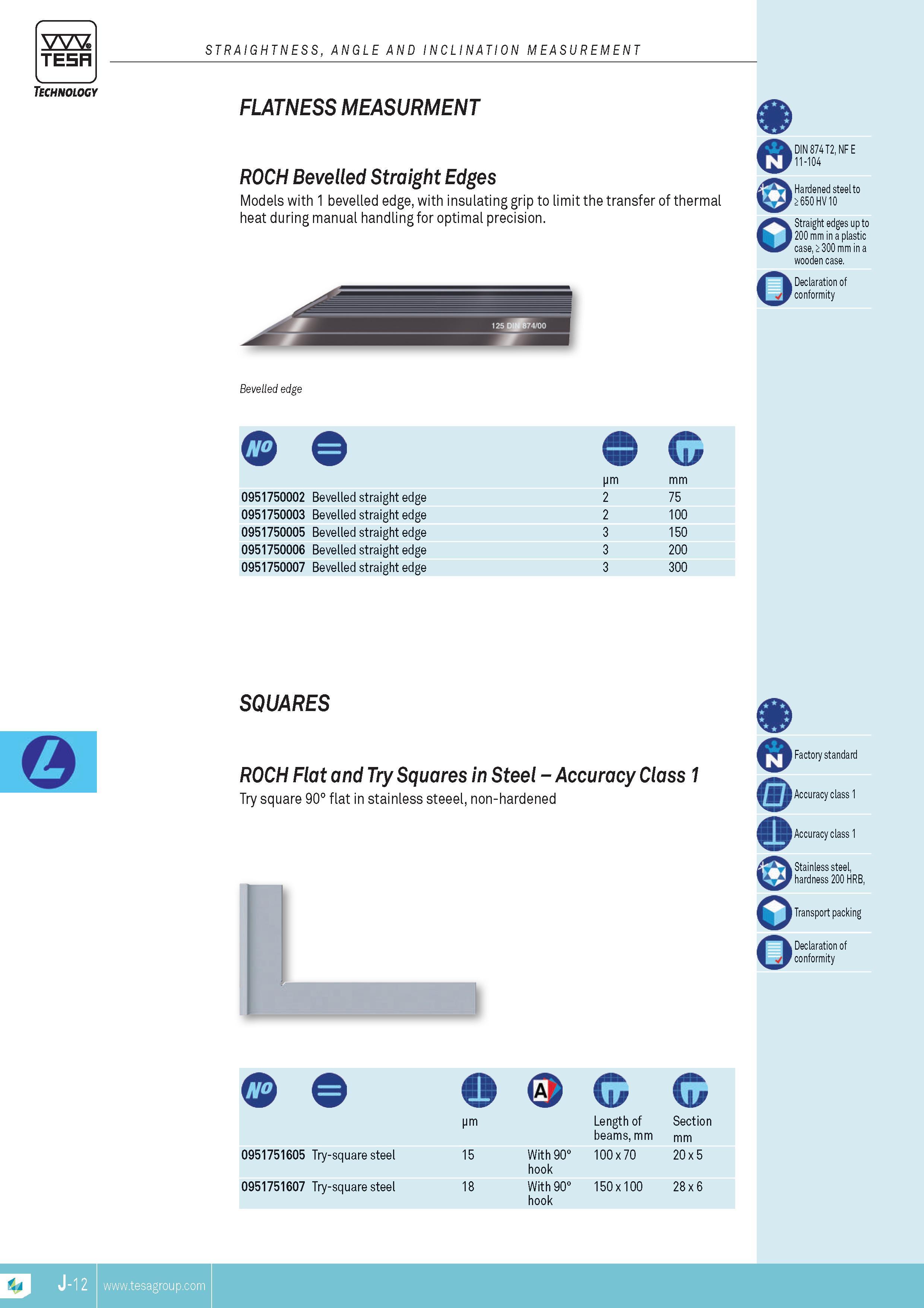 201 FLATNESS MEASURMENT ROCH Bevelled Straight Edges Models with 1 bevelled edge with insulating grip to limit the transfer of thermal heat during manual Каталог TESA 2014 Контрольно-измерительный инструмент и оборудование Стр. J-12 ENG
