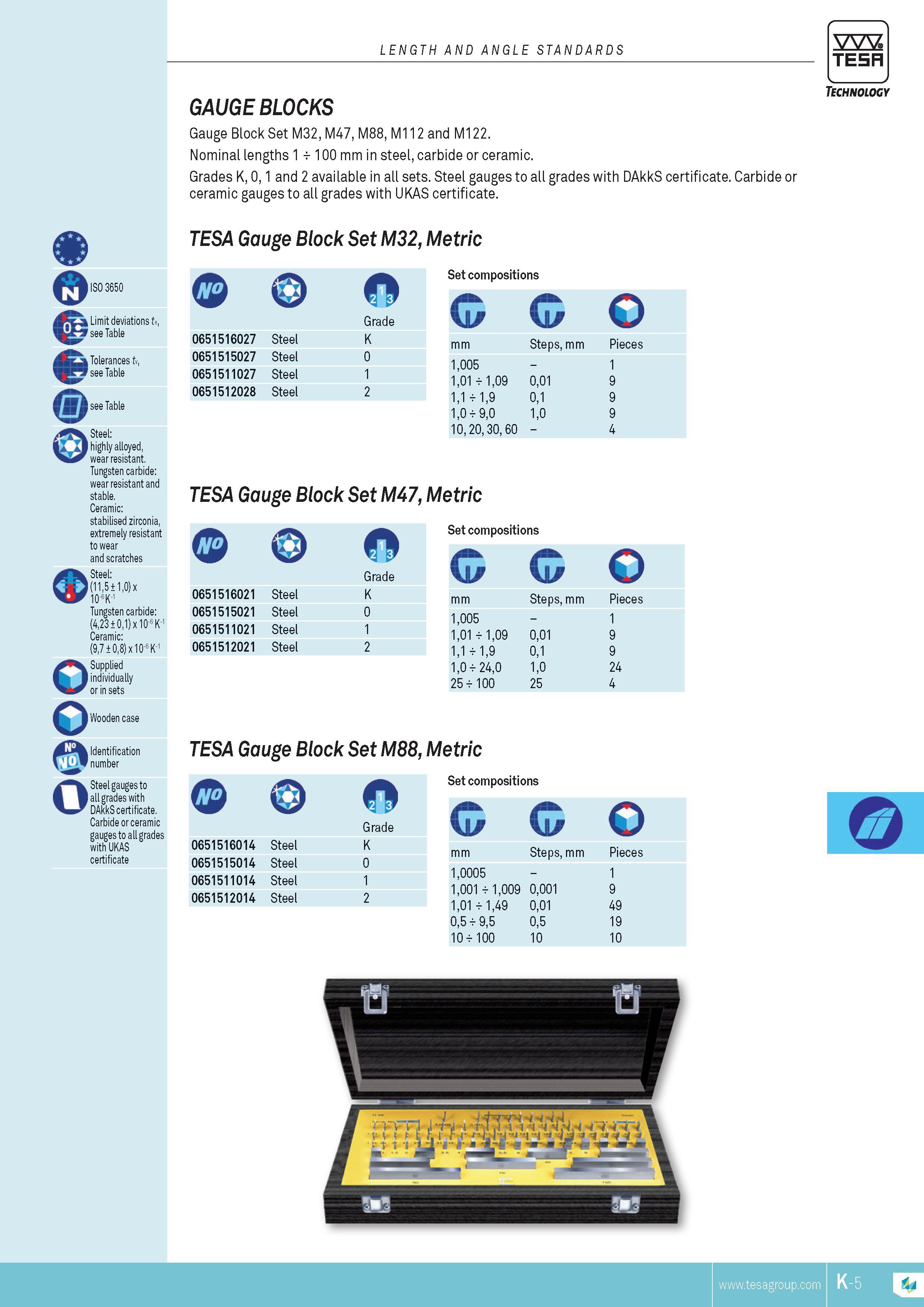 210 Gauge Block Set M32 M47 M88 M112 and M122 Nominal lengths 1 f 100 mm in steel carbide or ceramic Grades K 0 1 and 2 available in all sets Steel gauges Каталог TESA 2014 Контрольно-измерительный инструмент и оборудование Стр. K-5 ENG