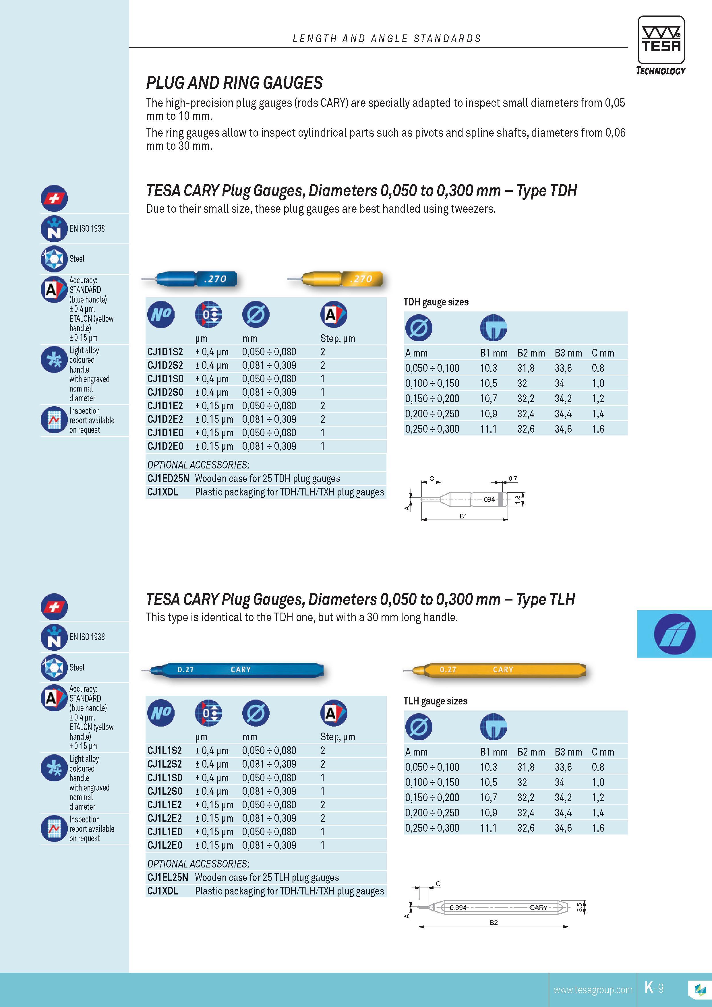 214 The high-precision plug gauges (rods CARY) are specially adapted to inspect small diameters from 005 mm to 10 mm The ring gauges allow to inspect cyli Каталог TESA 2014 Контрольно-измерительный инструмент и оборудование Стр. K-9 ENG