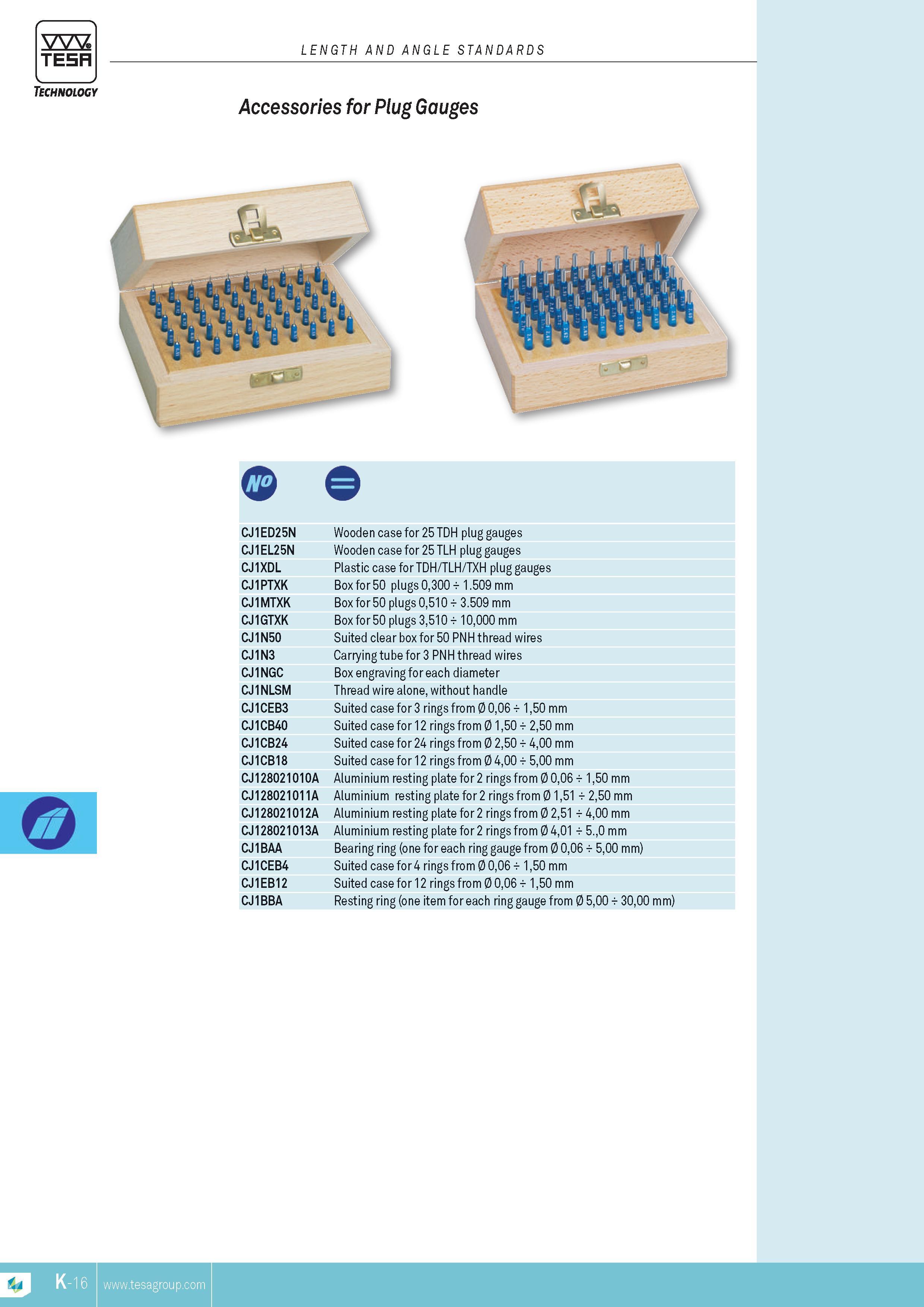 221 TESA LENGTH AND ANGLE STANDARDS Technology Accessories for Plug Gauges o D CJ1ED25N Wooden case for 25 TDH plug gauges CJ1EL25N Wooden case for 25 TLH Каталог TESA 2014 Контрольно-измерительный инструмент и оборудование Стр. K-16 ENG