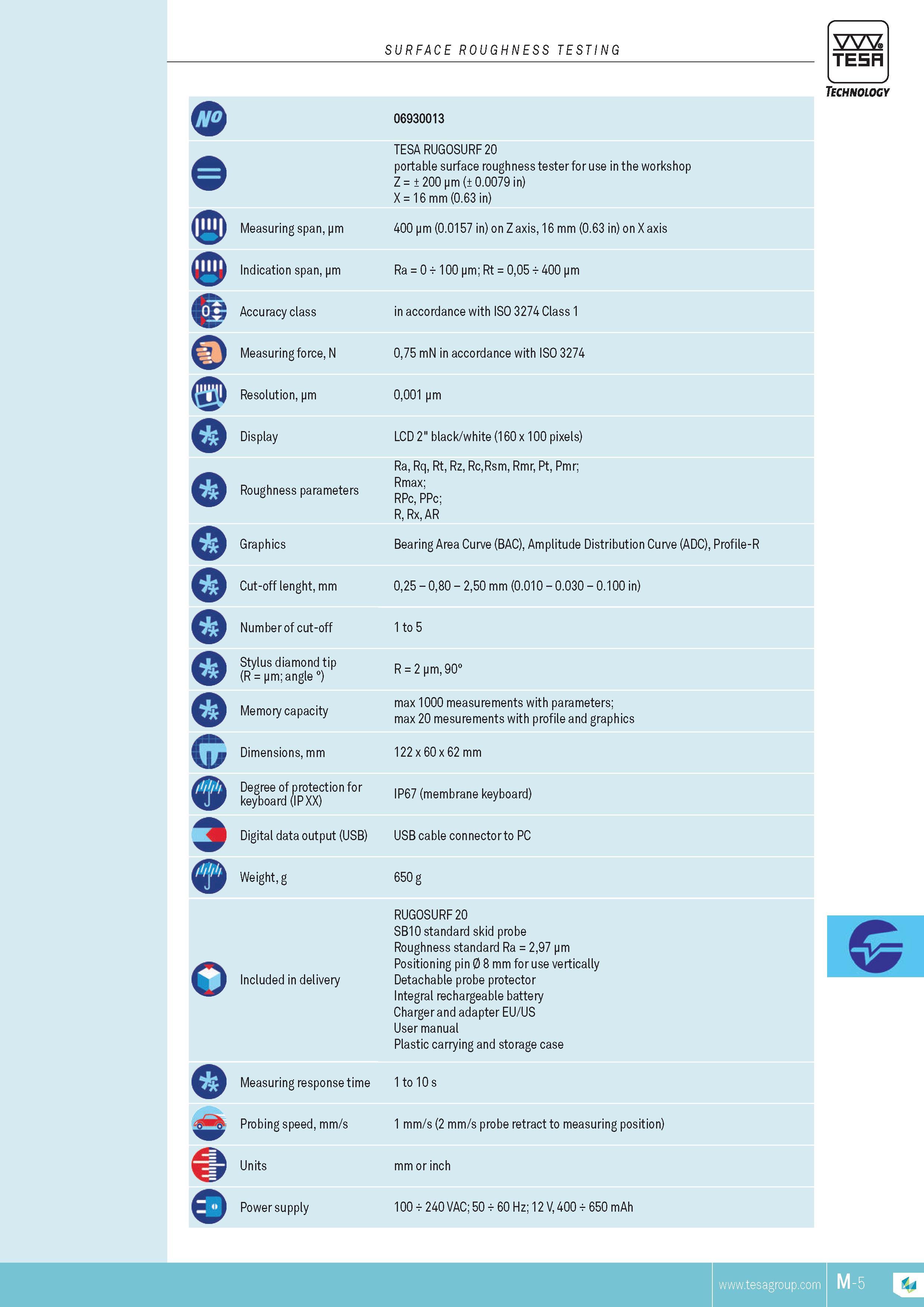 240 Measuring span pm Indication span pm Accuracy class Measuring force N Resolution pm Display Roughness parameters Graphics Cut-off lenght mm Number of Каталог TESA 2014 Контрольно-измерительный инструмент и оборудование Стр. M-5 ENG