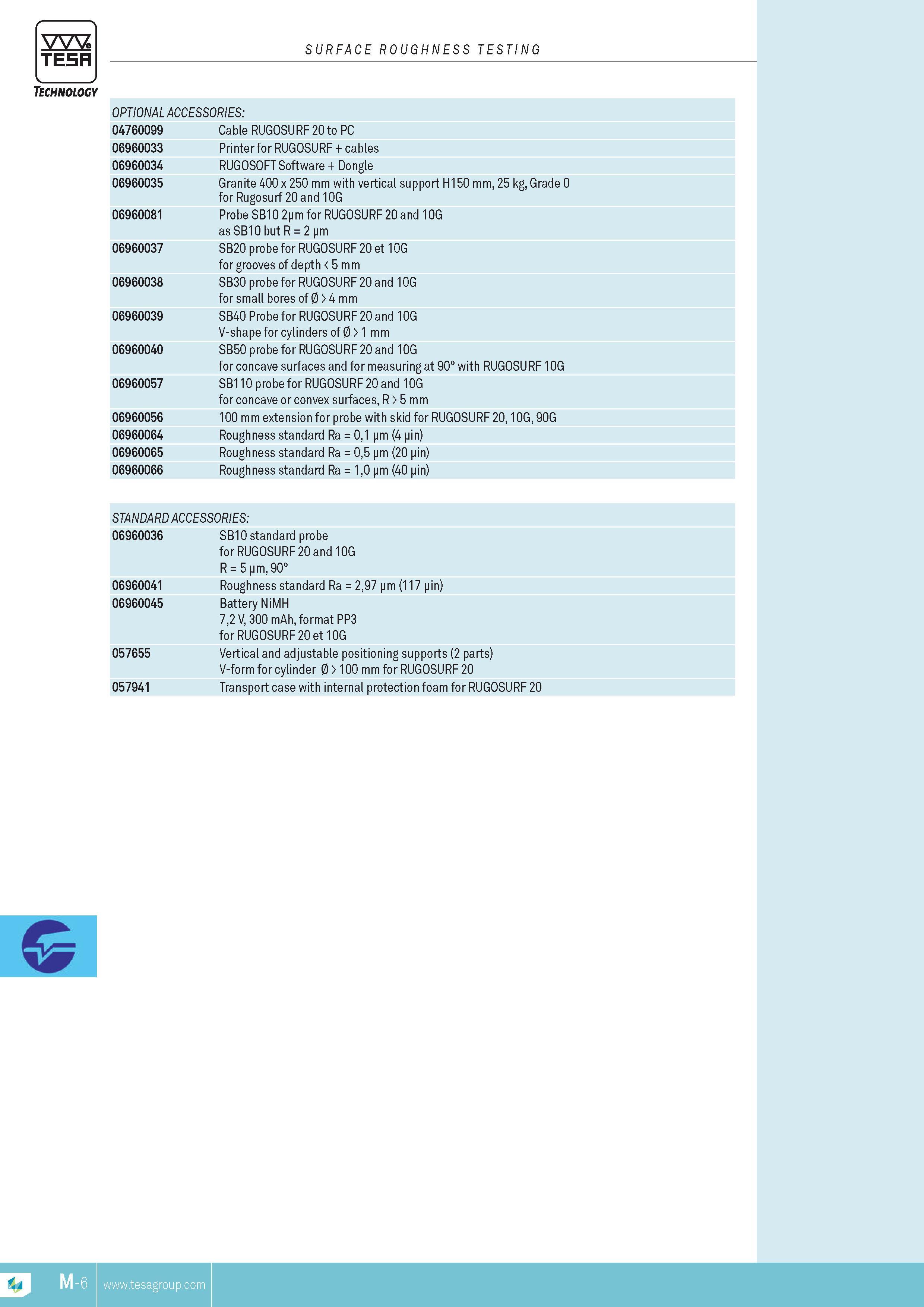 241 TESA surface roughness testing Technology OPTIONAL AccESSORIES 04760099 Cable RUGOSURF 20 to PC 06960033 Printer for RUGOSURF + cables 06960034 RUGOSO Каталог TESA 2014 Контрольно-измерительный инструмент и оборудование Стр. M-6 ENG