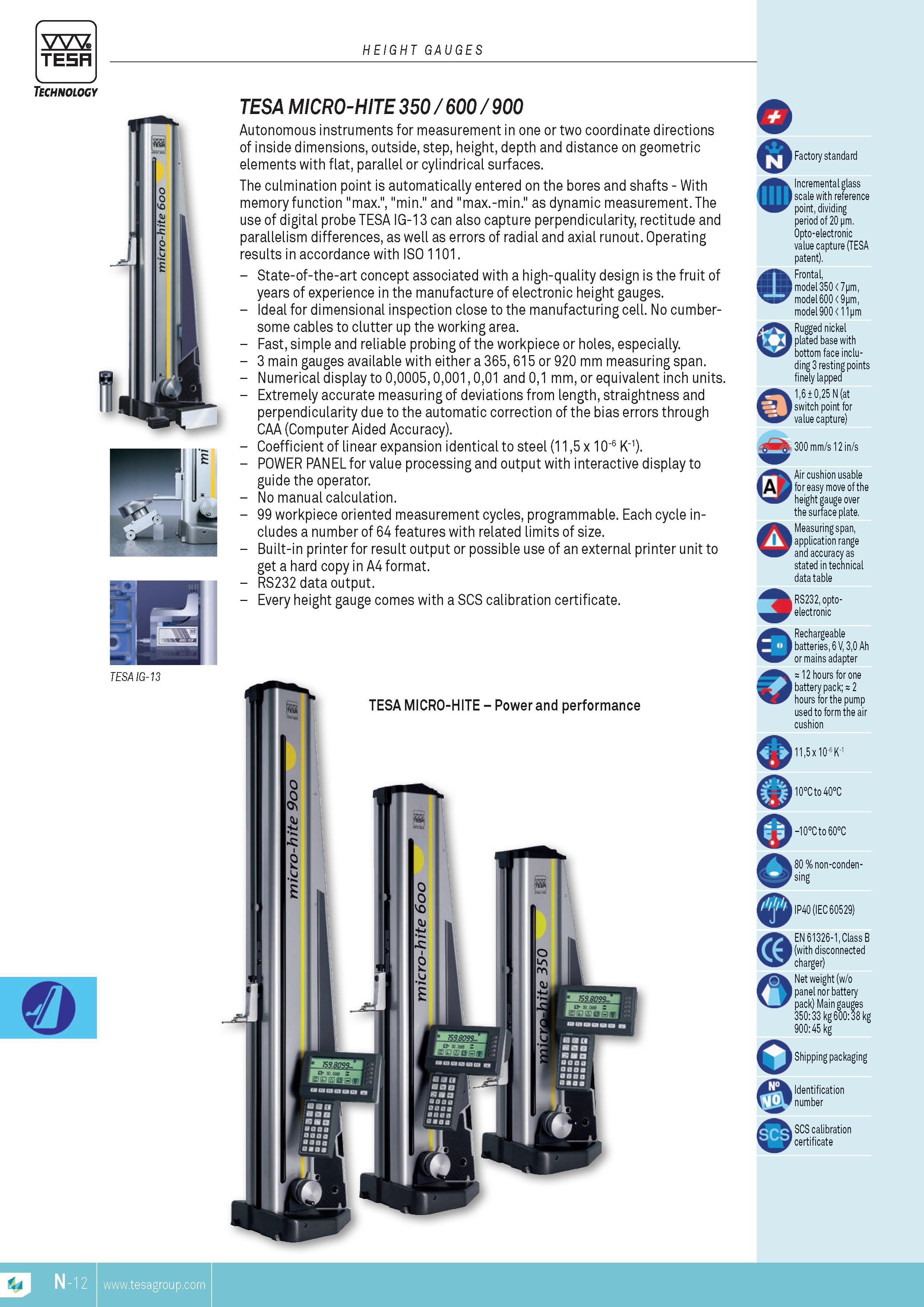 273 TESA HEIGHT GAUGES Technology TESA IG-13 & TESA MICRO-HITE 350 600 900 Autonomous instruments for MEASUREMENT in one or two coordinate directions of i Каталог TESA 2014 Контрольно-измерительный инструмент и оборудование Стр. N-12 ENG