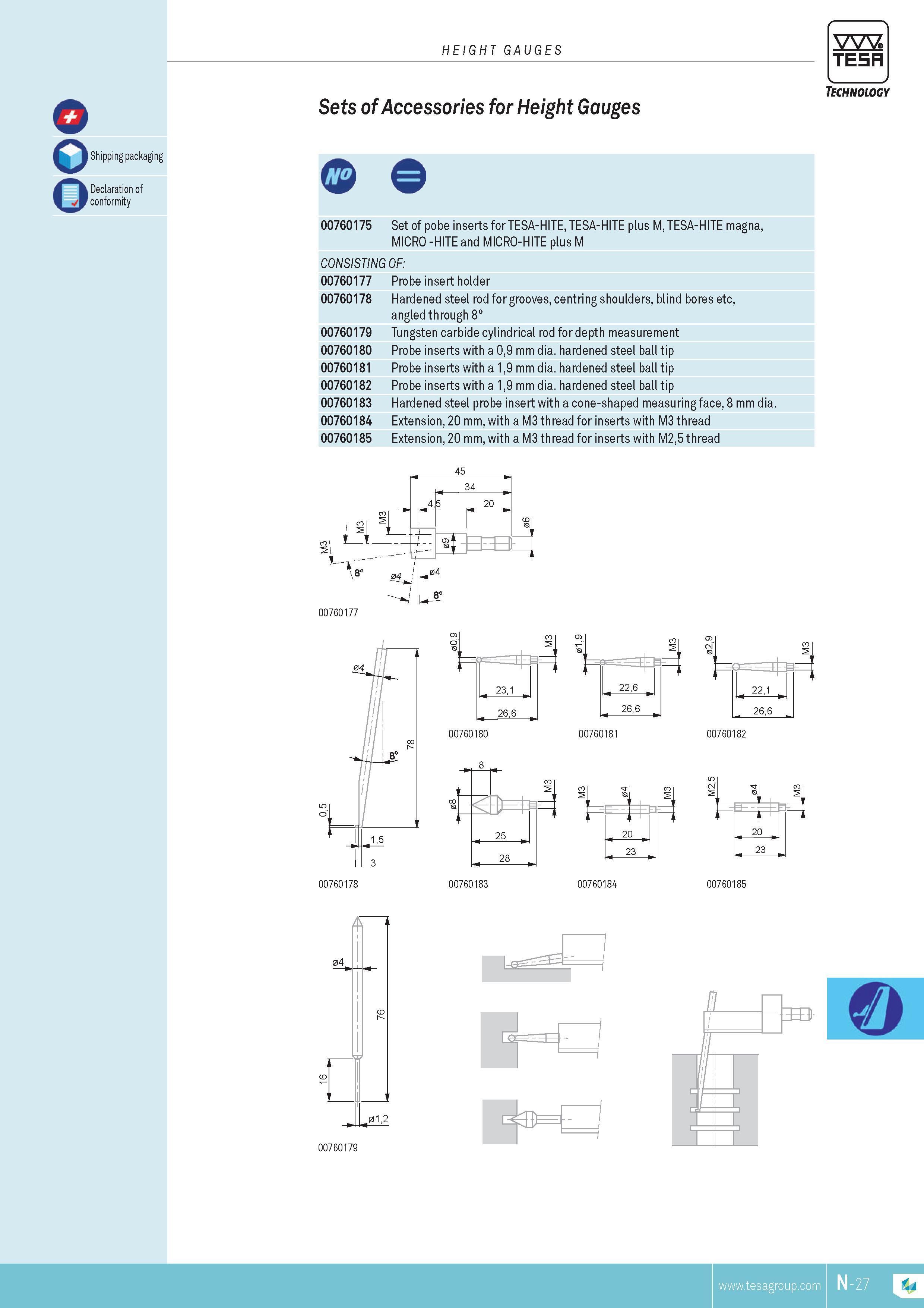 288 Shipping packaging Declaration of conformity HEIGHT GAUGES TESA Sets of Accessories for Height Gauges Technology 00760175 Set of pobe inserts for TESA Каталог TESA 2014 Контрольно-измерительный инструмент и оборудование Стр. N-27 ENG