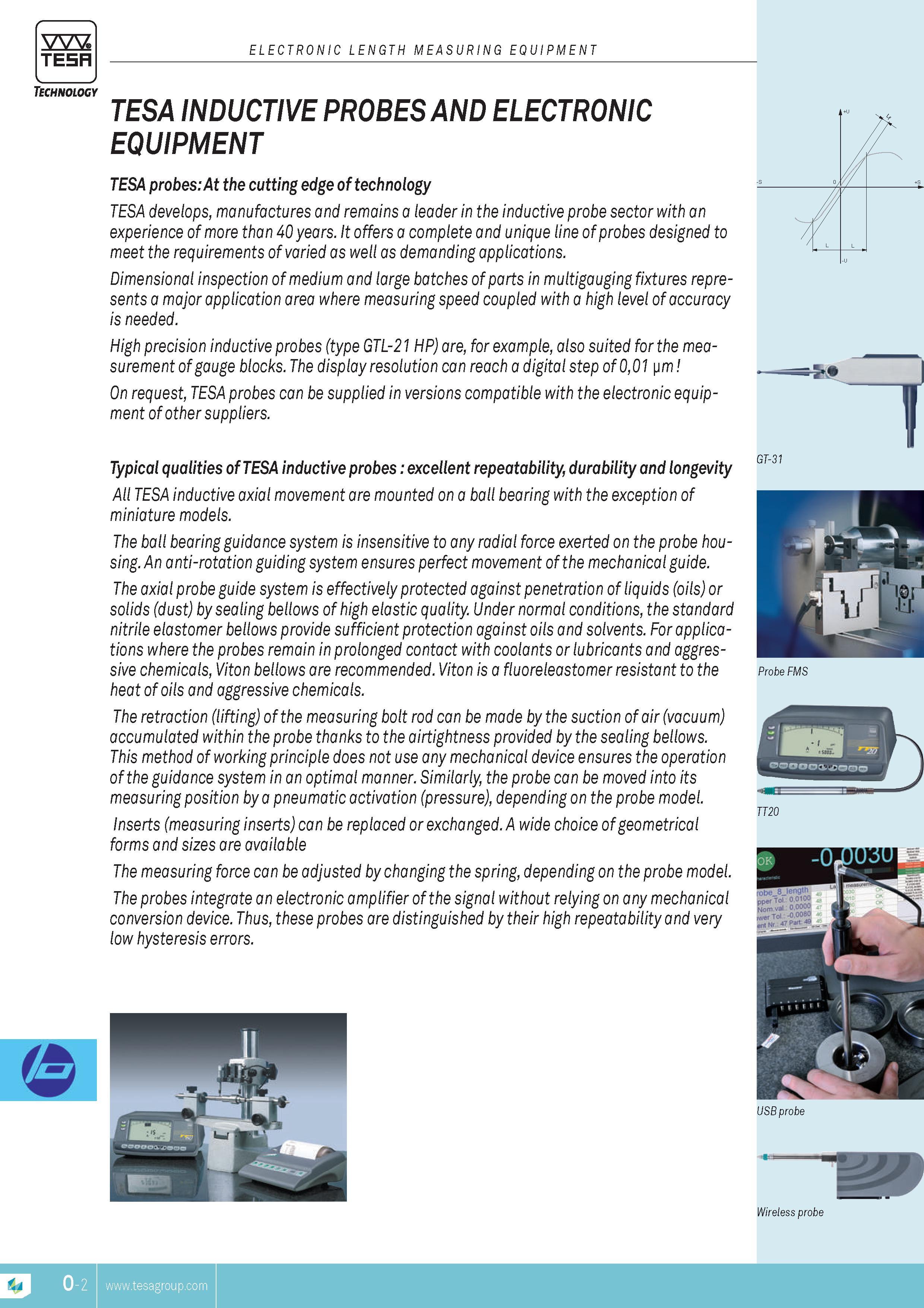295 TESA ELECTRONIC LENGTH MEASURING EQUIPMENT Technology TESA INDUCTIVE PROBES AND ELECTRONIC EQUIPMENT TESA probes At the cutting edge of technology TES Каталог TESA 2014 Контрольно-измерительный инструмент и оборудование Стр. O-2 ENG