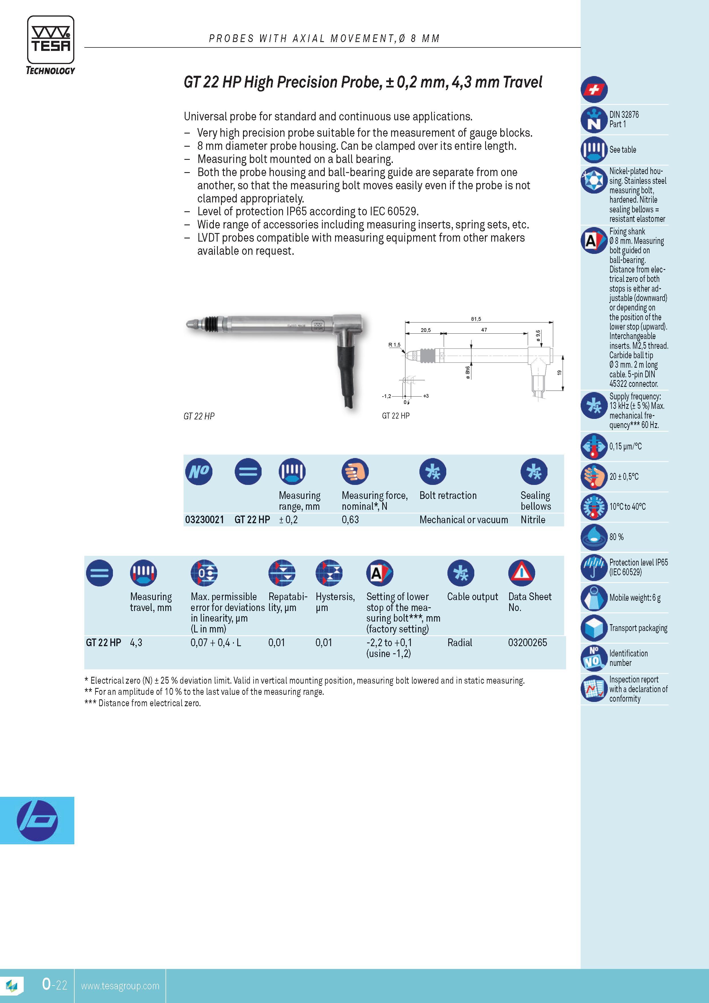 315 TESA PROBES WITH AXIAL MOVEMENT0 8 MM Technology GT22 HP High Precision Probe 02 mm 43 mm Travel Universal probe for standard and continuous use appli Каталог TESA 2014 Контрольно-измерительный инструмент и оборудование Стр. O-22 ENG