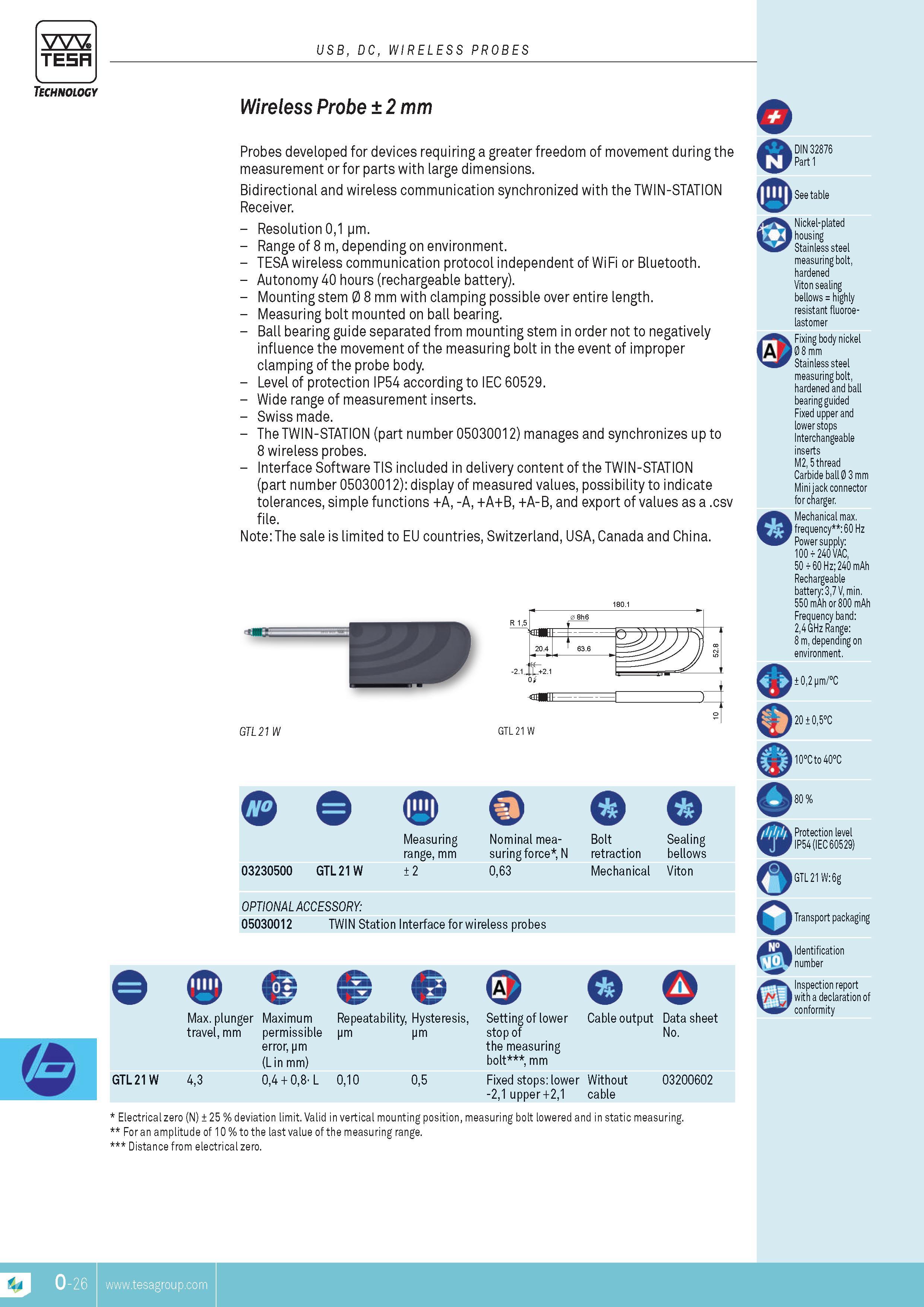 319 TESA Technology USB DC WIRELESS PROBES Wireless probe 2 mm Probes developed for devices requiring a greater freedom of movement during the MEASUREMENT Каталог TESA 2014 Контрольно-измерительный инструмент и оборудование Стр. O-26 ENG